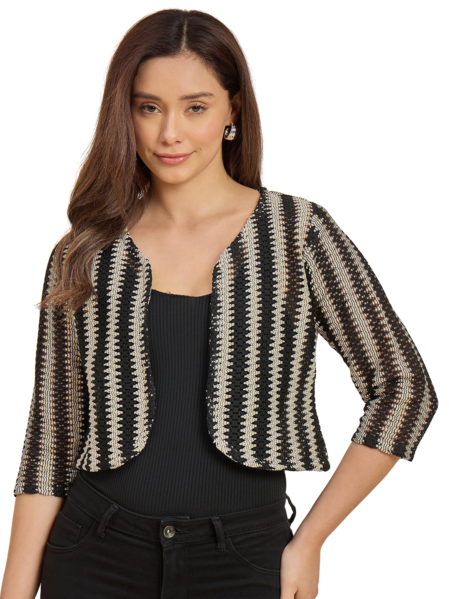Women Black & Off White Striped Crop Open Front Shrug-image-45