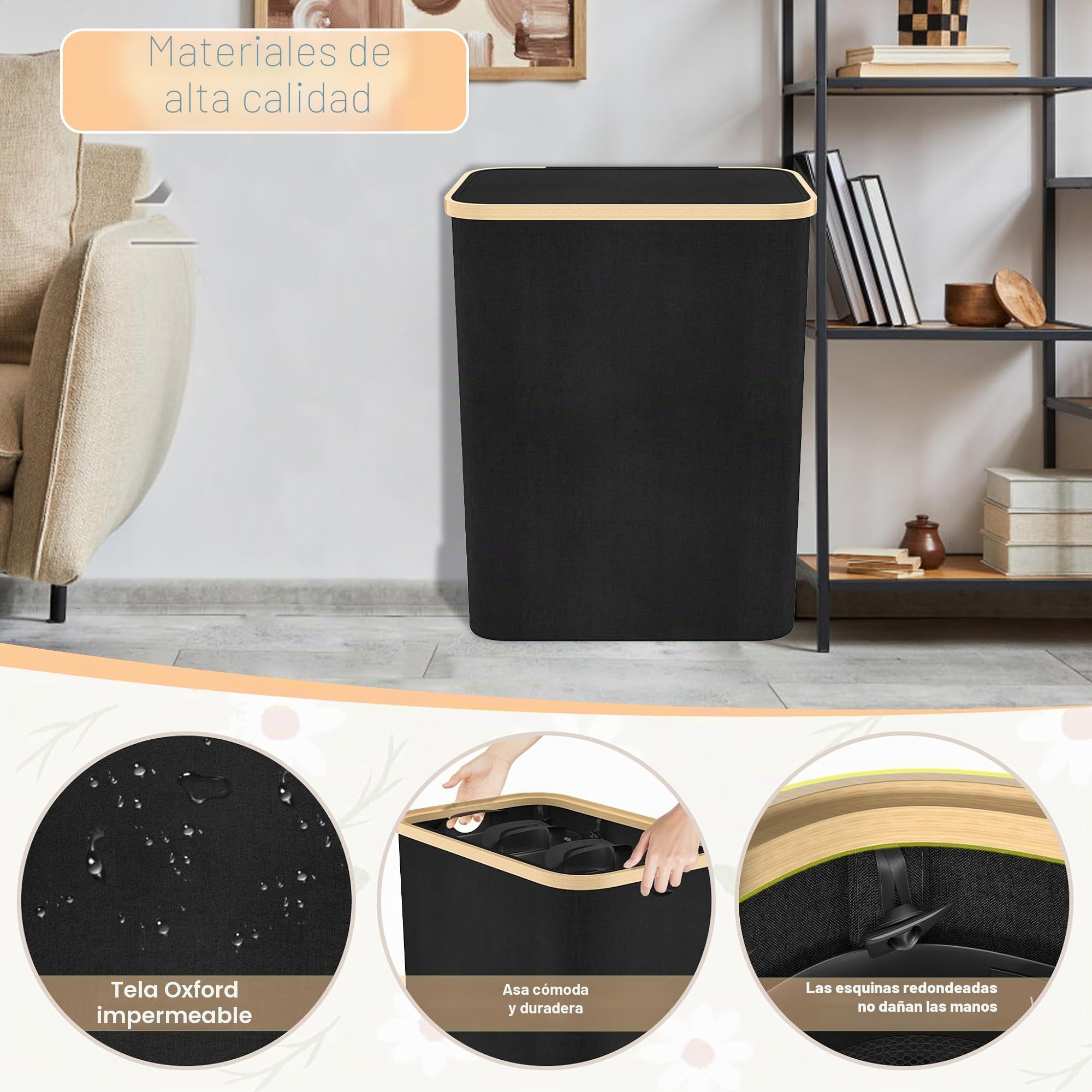 Froadp Cesto para la colada con 3 compartimentos, 140 L, plegable, con tapa, para baño y dormitorio, cesta resistente con asas, 3 bolsas de lavandería lavables (negro)