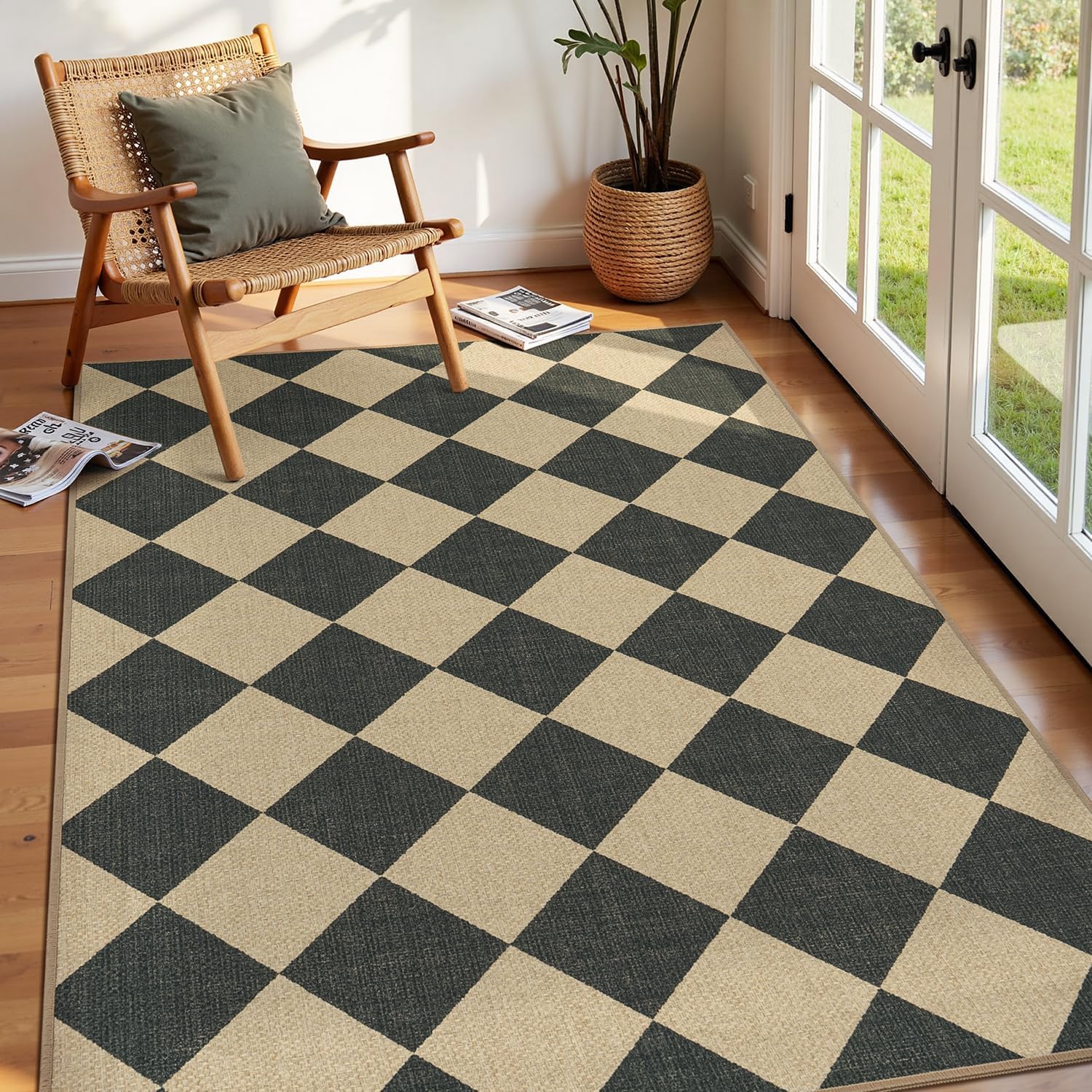 Lessymo Checkered 3x5 Outdoor Patio Rug, Washable Easy Jute Rugs for Entryway Indoor Outdoor Living Room Carpet, Farmhouse Non Slip Door Mat for Backyard Bedroom, Diamond Black/Beige