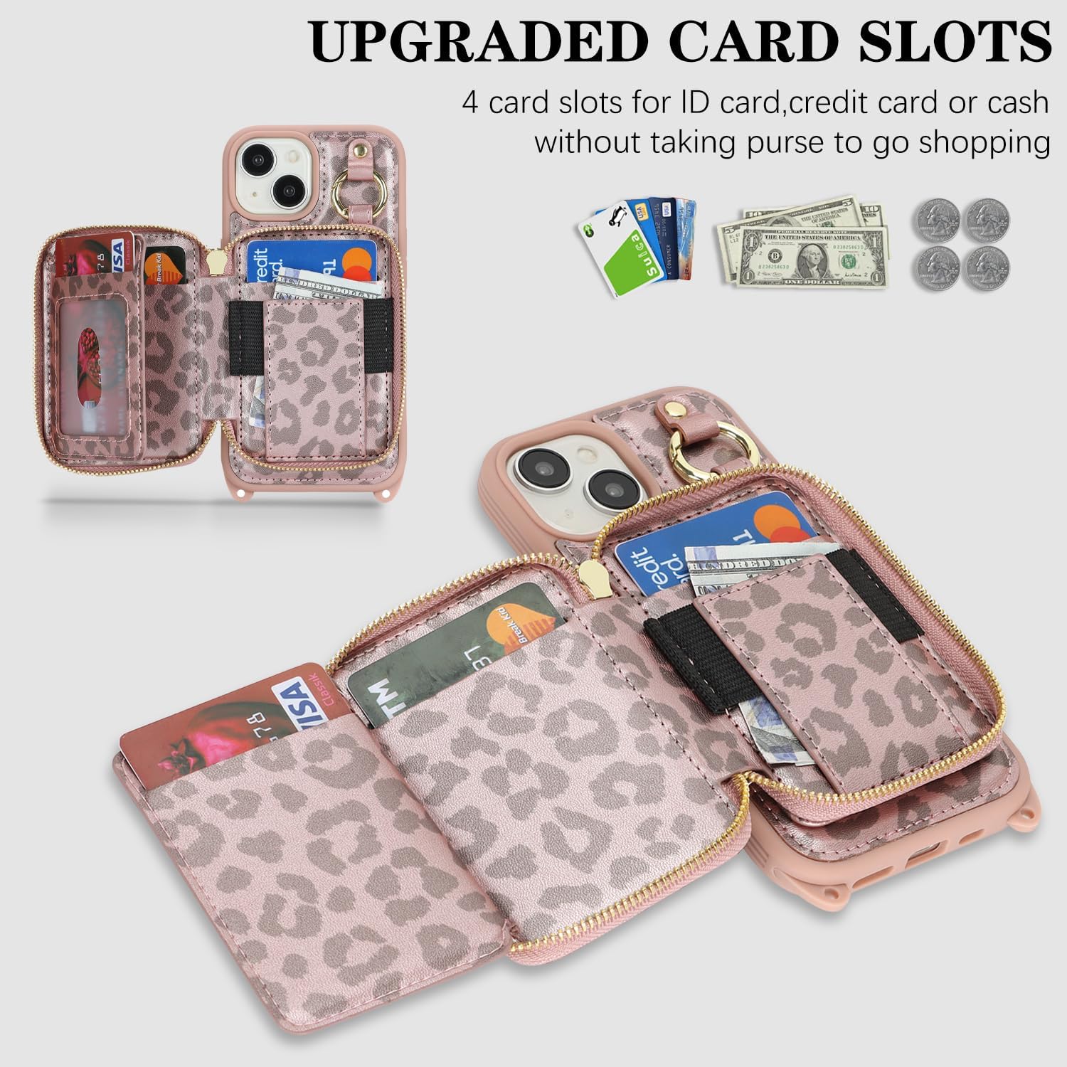 Cavor for iPhone 13 Wallet Case with Card Holder for Women Men, for iPhone 13 Case with Strap, Crossbody Lanyard Phone Case, Magnetic Detachable Compatible with Magsafe-Rose Gold Leopard