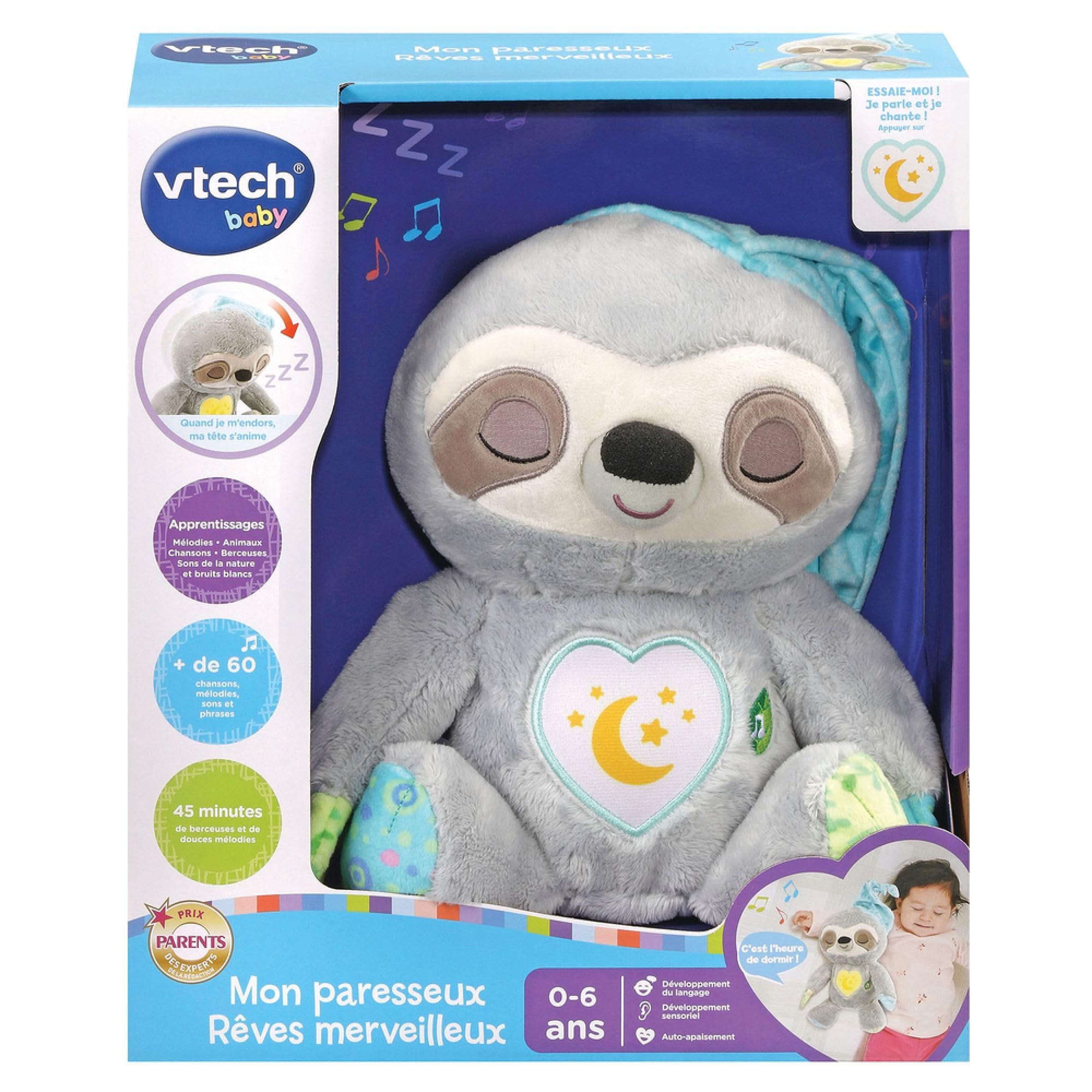 VTech 548205 Mon Paresseux Rêves Merveilleux, Peluche Bébé Interactive et Apaisante, Tête Animée, Veilleuse, Musique Douce, Bruits Blancs et Sons de la Nature, Cadeau de Naissance, Multicolore