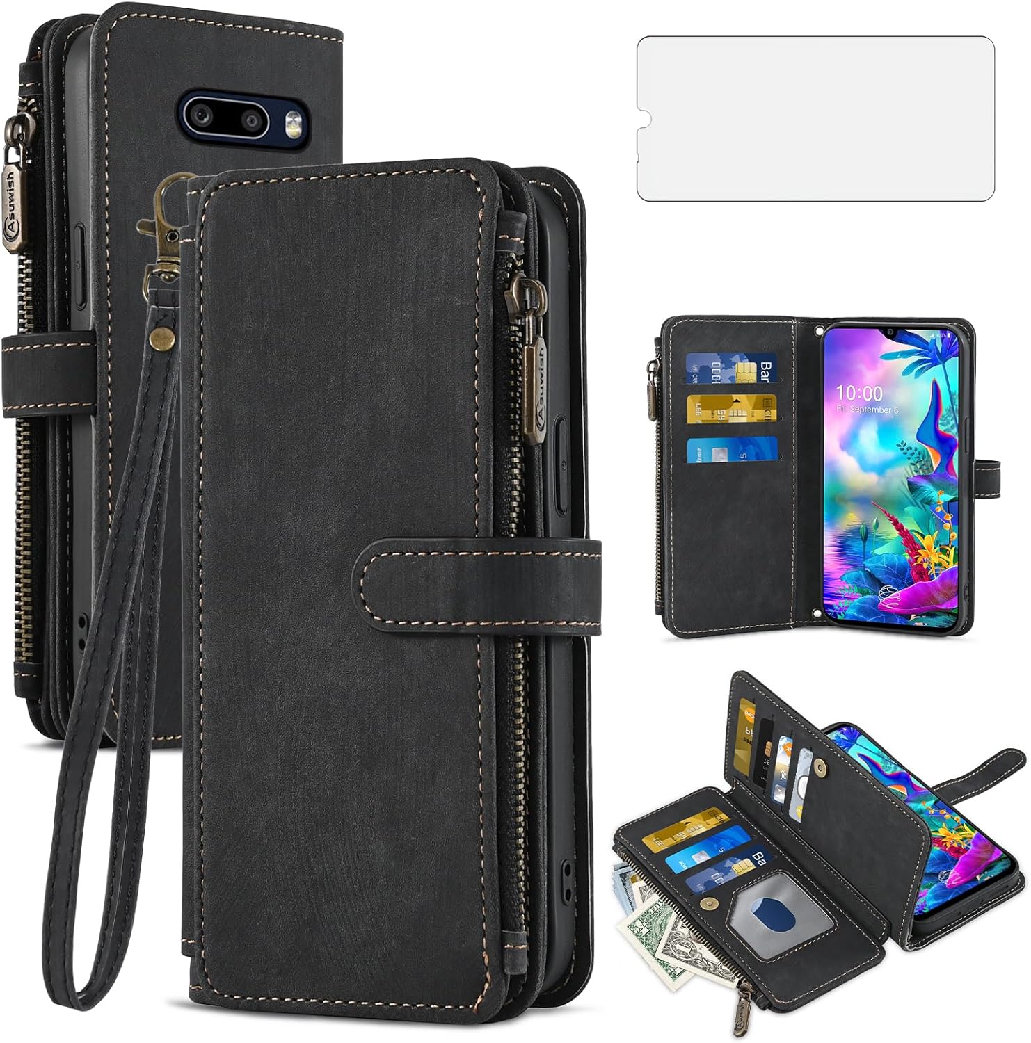 Asuwish Phone Case for LG G8X ThinQ V50S Thin Q Wallet Cover and Tempered Glass Screen Protector Leather Flip Credit Card Holder Stand Lanyard Rugged Cell Accessories LGG8XThinQ GX8 8X Women Men Black