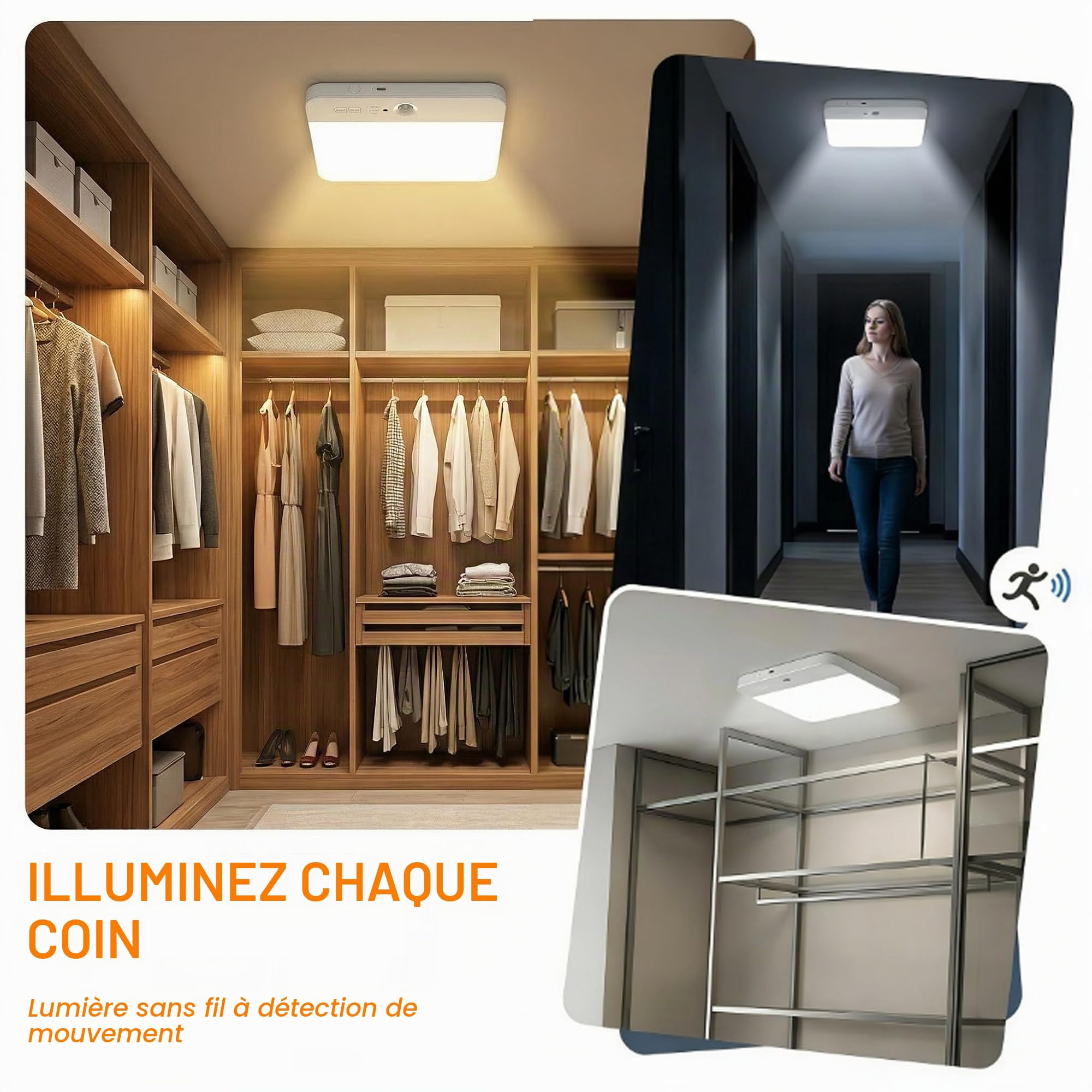 Lampe de Plafonnier Détecteur de Mouvement Intérieur Plafond Luminaire | 6000mAh Rechargeable Sans Fil, Salle de Douche, Salle de Bain, Garage, 3 Températures de Couleur avec Télécommande,Lot de 2