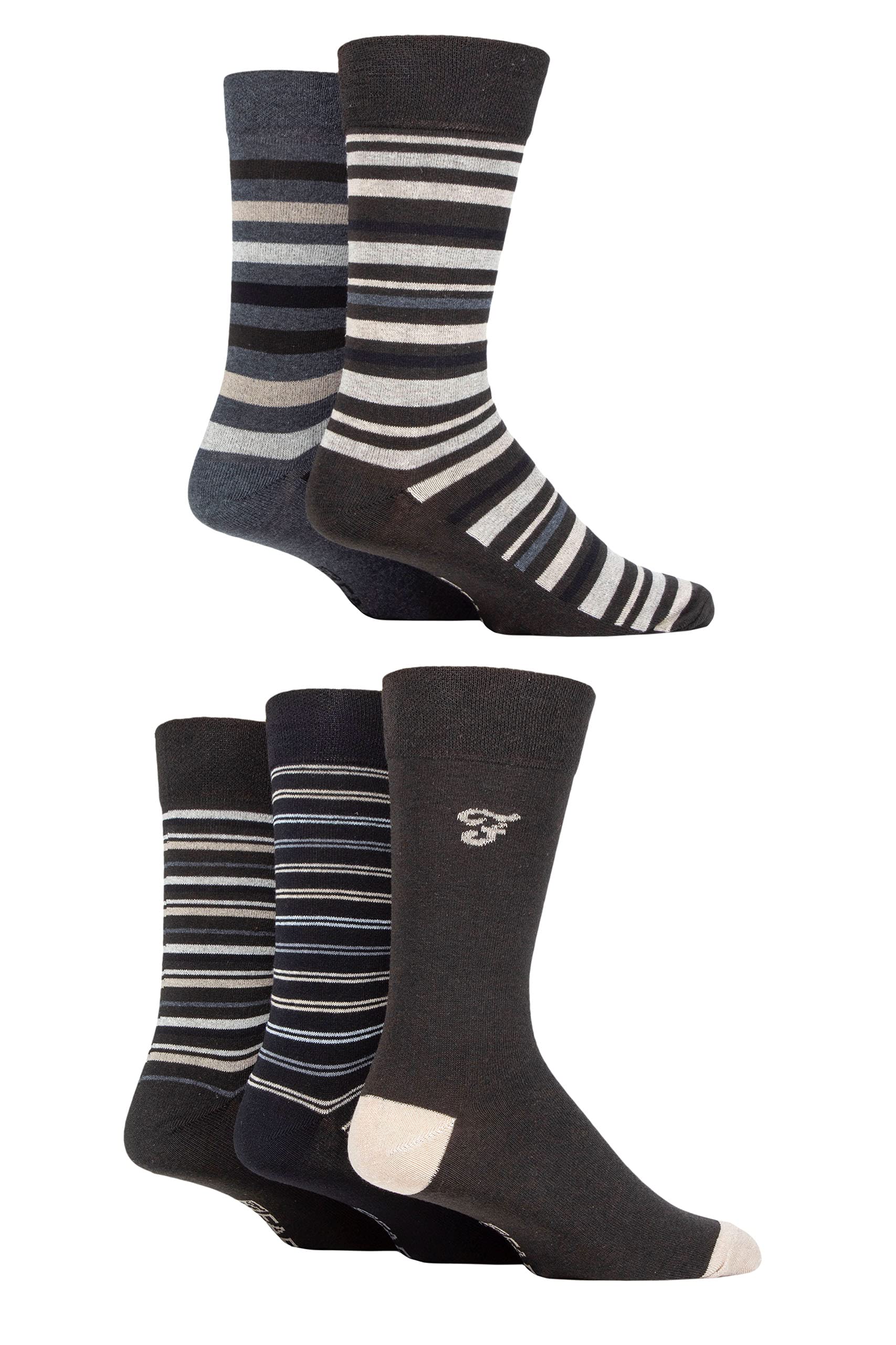 Farah Mens Cotton Socks Striped and Argyle Patterned Designs Calf Length Pack of 5 - Stripe Brown 6-11