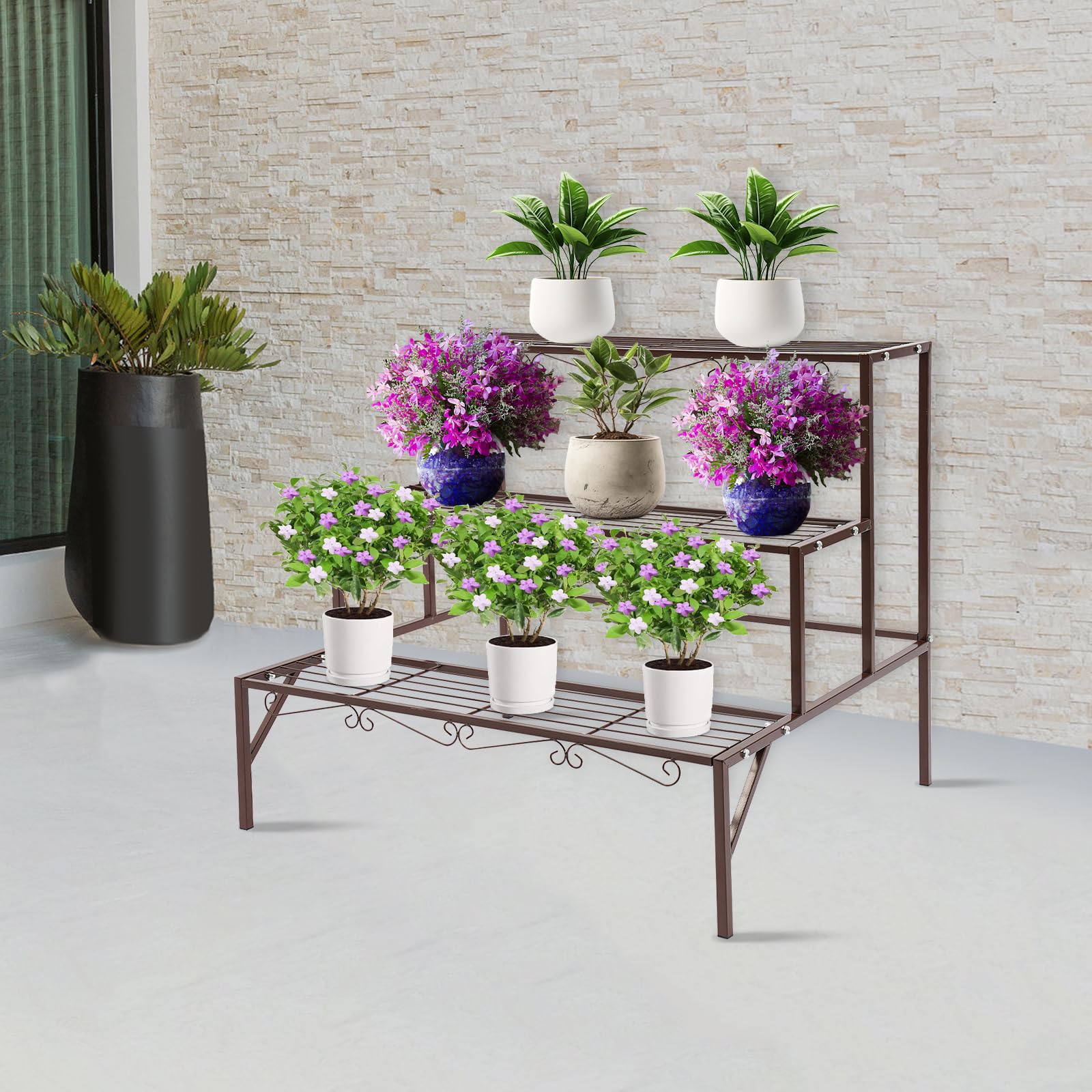 3-stufiger Metall Blumentreppe Pflanzenständer Freistehender Pflanzenstän 70x58x60cm, 20kg pro Etage für Garten, Balkon und Indoor Outdoor (Bronze)