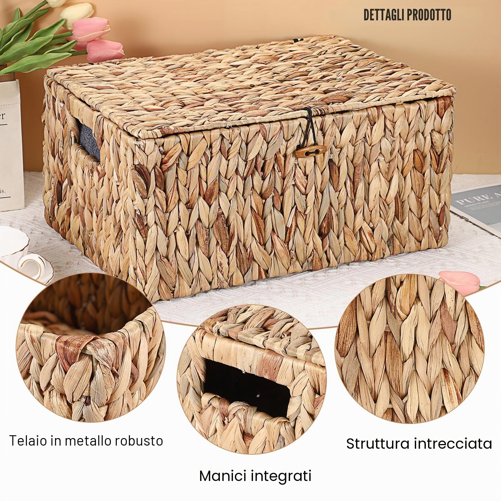 Cesto portaoggetti naturale in giacinto d'acqua intrecciato, impermeabile, con coperchio, per soggiorno, cucina, guardaroba, per vestiti, libri, frutta, verdura, cosmetici, 40 x 28 x 19 cm