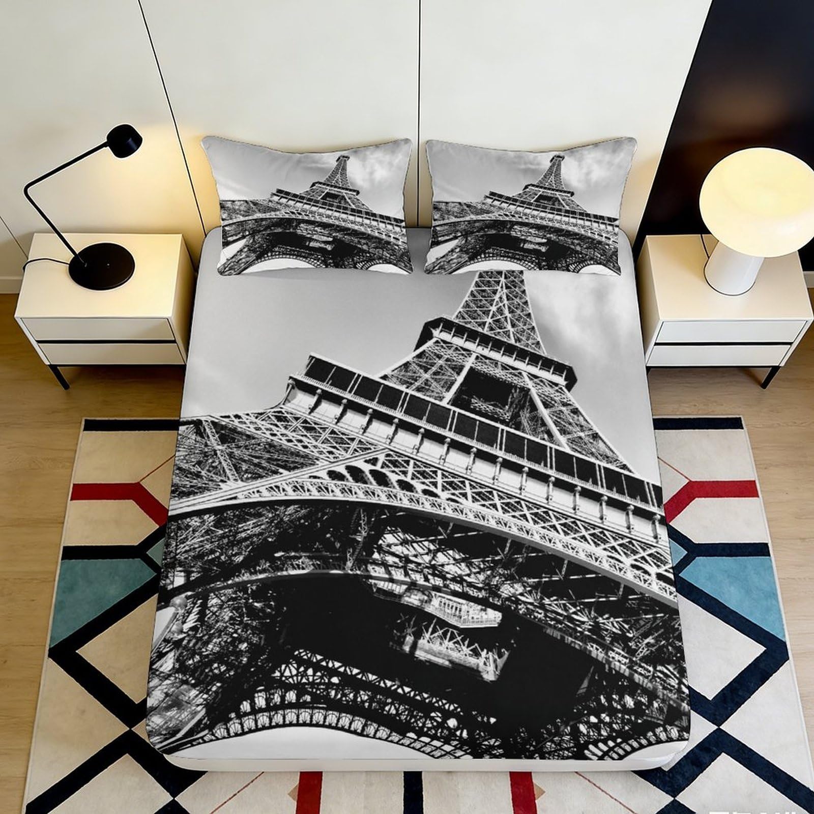 Jqzkxnhpbr Style-2 3D Printed Eiffel Tower Art Fitted Sheet Microfiber Soft Black White Paris Mattress Cover For Bedroom Guestroom Decor 90X200x25cm