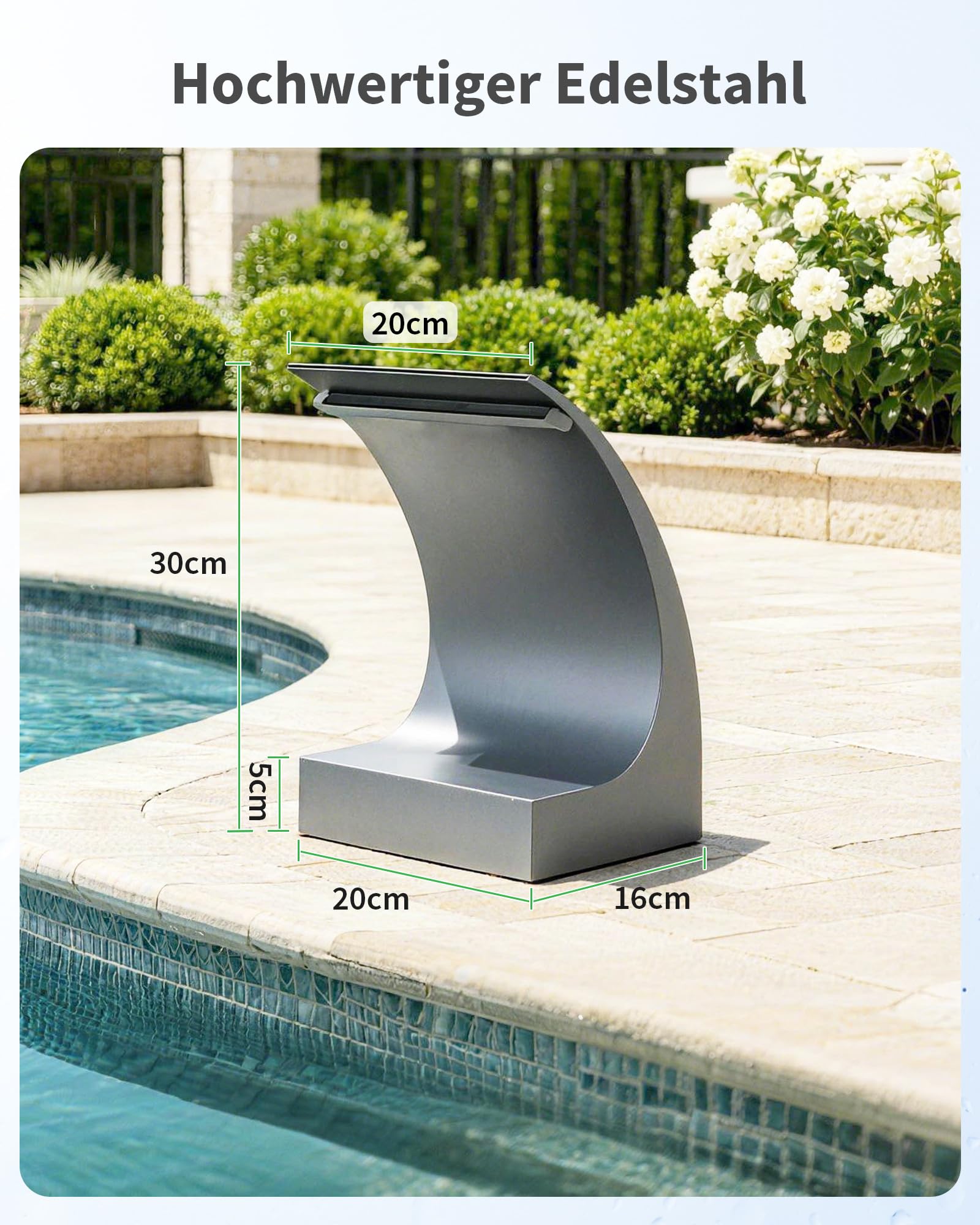 POPOSOAP 200C Teichwasserfall Überlauf-Set, 20 cm Edelstahl-Auslass, 4500 l/h Teichpumpe mit LED-Lichtern, All-in-One für Gartenteiche, Pools & kompakte Hinterhöfe