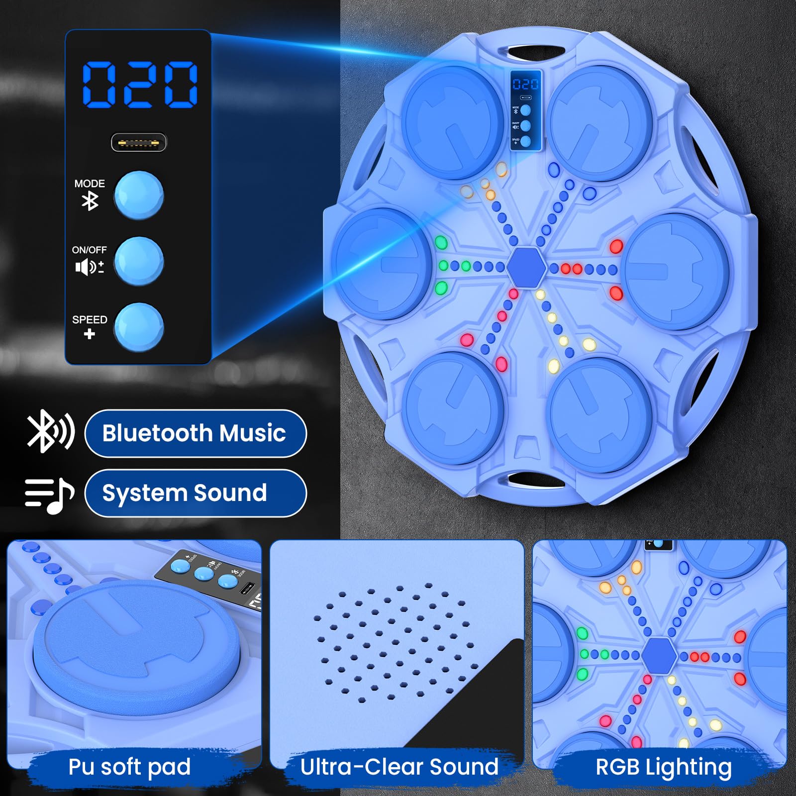 IERAKOR Machine de boxe musicale à fixation murale avec 2 paires de gants, 9 vitesses, 9 modes d'entraînement, mode comptage, prise en charge Bluetooth, machine de boxe intelligente pour adultes et IERAKOR Machine de boxe musicale à fixation murale avec 2 paires de gants, 9 vitesses, 9 modes d'entraînement, mode comptage, prise en charge Bluetooth, machine de boxe intelligente pour adultes et