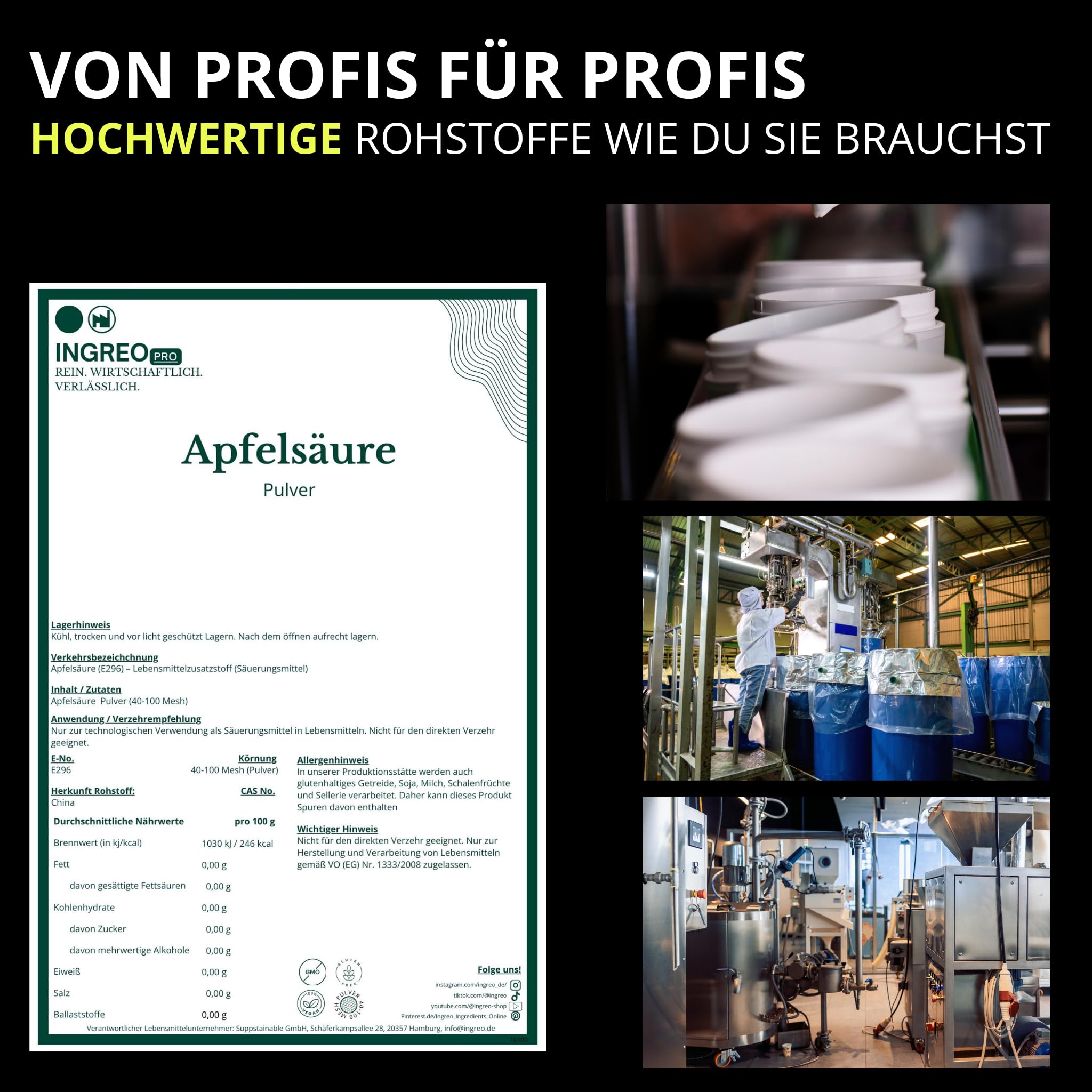 25 kg | Apfelsäure Pulver E296 | Malic Acid | Säuerungsmittel Lebensmittel | 40–100 Mesh | Getränke Süßwaren | Rohstoff | INGREO