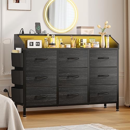 Lulive Black Dresser for Bedroom with LED Light and Power Outlets, 2-Tier Shelf Fabric Chests of Drawers for Closet, Entryway
