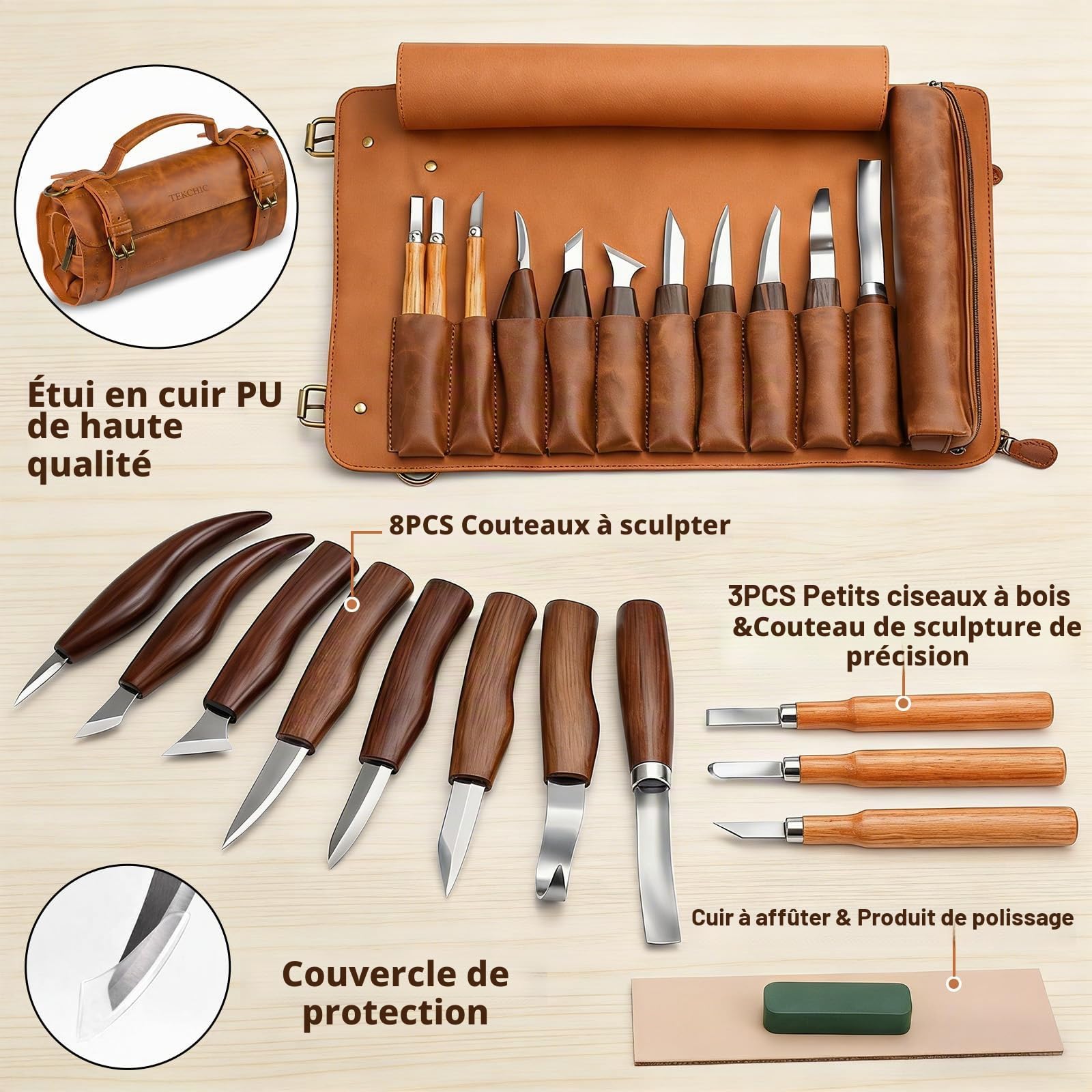 Set de sculpture sur bois | Set d'outils de sculpture sur bois | Tekchic, set de 14 couteaux à sculpter avec étui en PU (marron) – pour débutants, professionnels et passionnés de sculpture sur bois