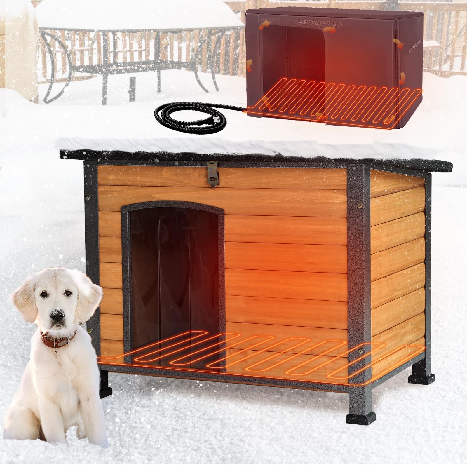 Aivituvin Heated Dog House with Insulated Liner, Wooden Outdoor Dog Kennel with Electric Heating Pad, Weather-Resistant Winter Kennel,Strong Iron Frame
