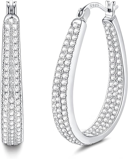 KRFY 925 Sterling Silver Post Hoop Earrings for Women Girls Clear Black Cubic Zirconia 14K Gold Plated Oval Chunky Silver Black Hoop Earrings