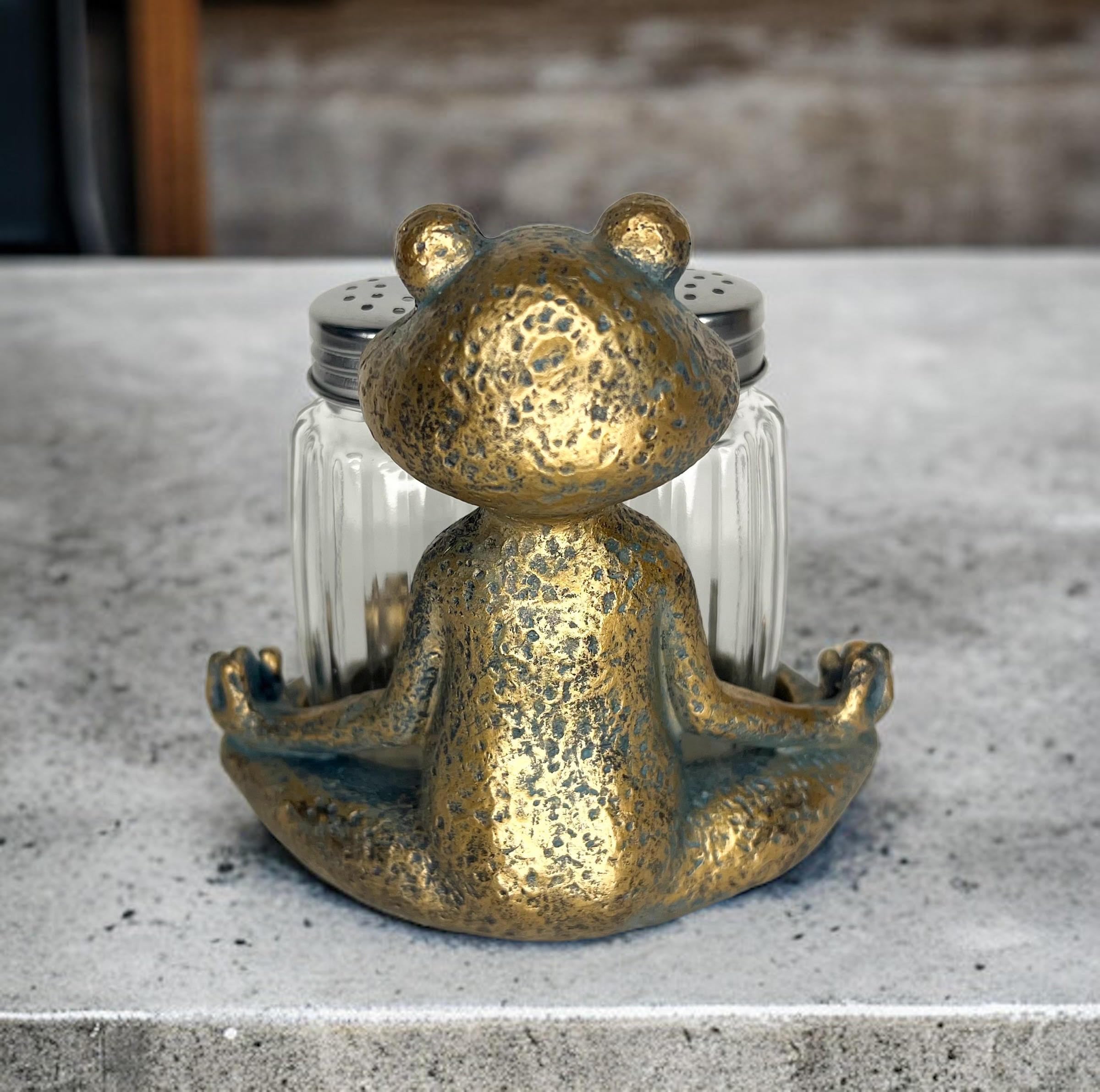 Juego de sal y pimentero de rana de yoga con agitadores de cristal, figura caprichosa de meditación de loto maestro zen, mesa de comedor, cocina o bar