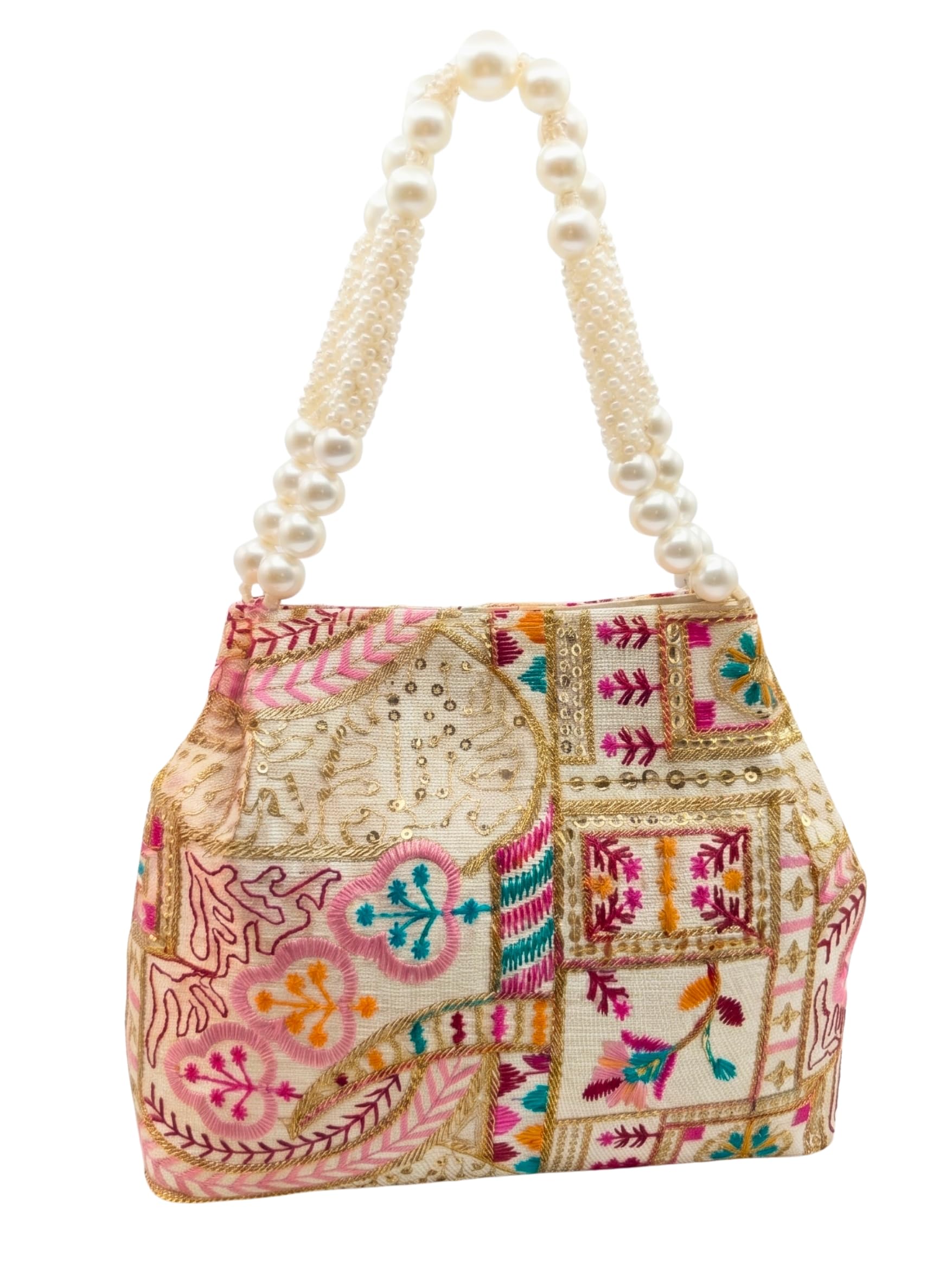 Elegant Floral embroidery bag & Ethnic clutch with Pearl Beaded Handle-image-18