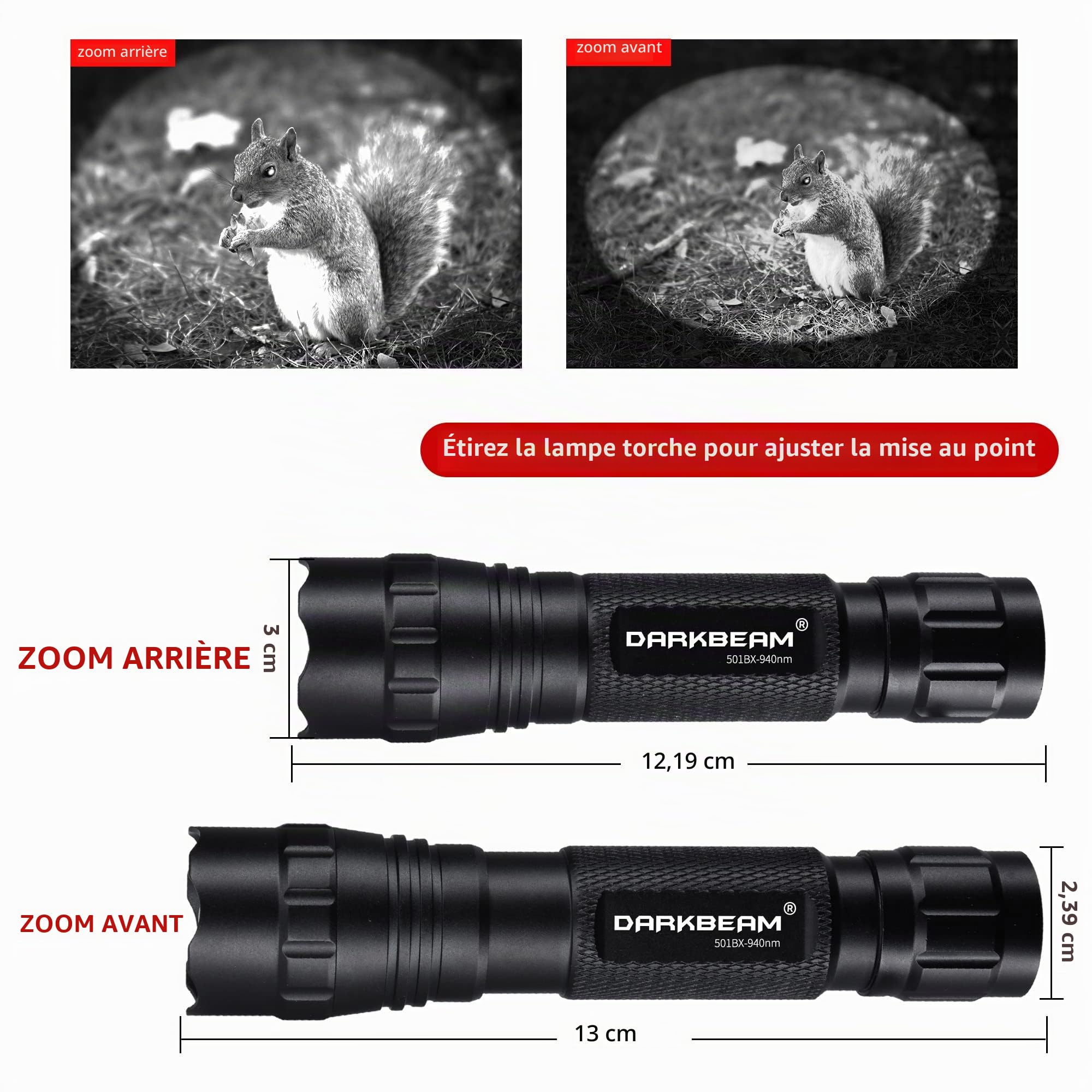 DARKBEAM Lampe Torche IR 940nm LED Lampe de Poche Infrarouge | Travailler avec l'équipement de Vision Nocturne, Puissant Invisible Lumière Rechargeable pour chasse,avec clip