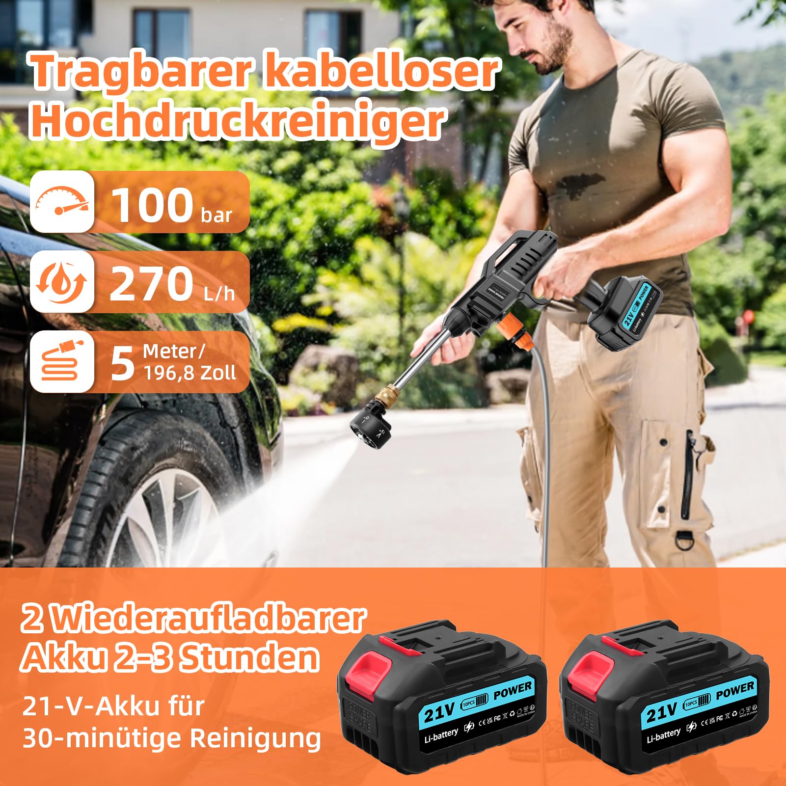 Hidrolimpiadora inalámbrica,62 Bares limpiadora de Alta presión de 21 V con 2 baterías,Boquilla multifunción 6 en 1,Manguera de 5 m, depósito de Filtro,para Coches,céspedes,Piscinas,Ventanas,Jardines
