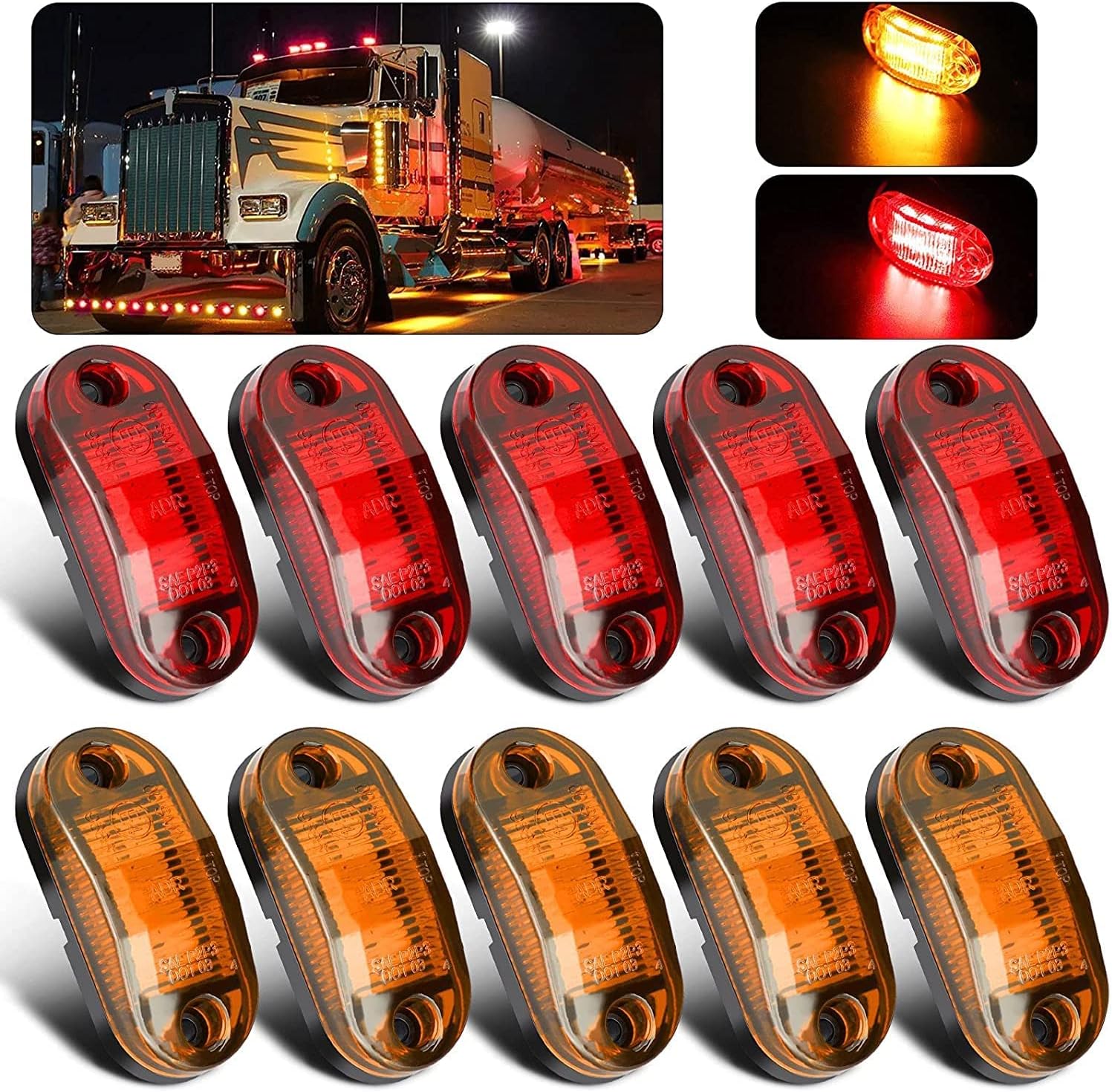 10pcs 6LED Trailer Marker Lights, Linkstyle 12V24V Amber/Red Surface