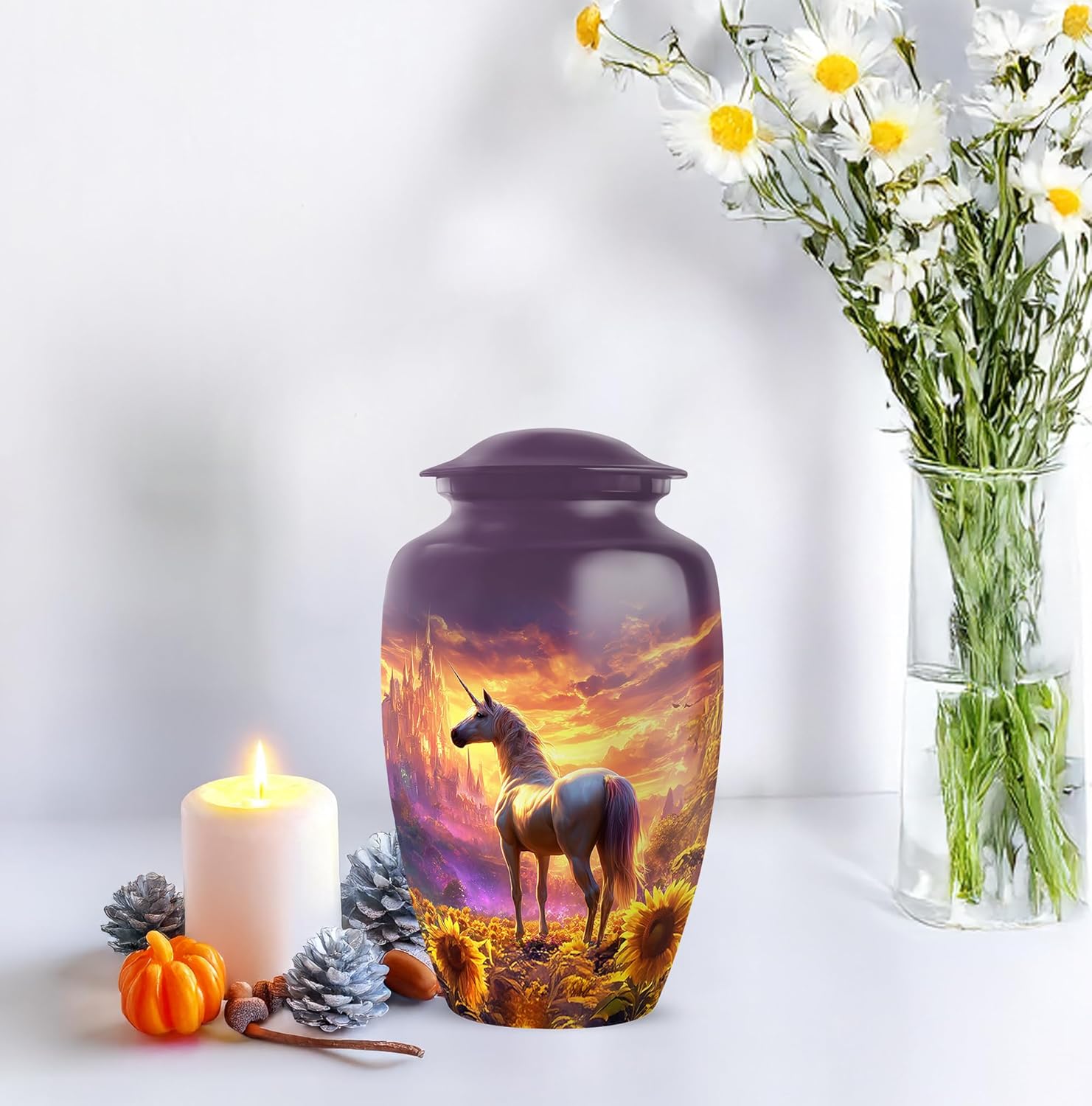 Unicorn Cremation Urn for Human Ashes Husband & Wife, Large Decorative Sunflower Urns for Men and Women, Purple Urns for Burial, Memorial Urn for Male & Female, 10 Inch