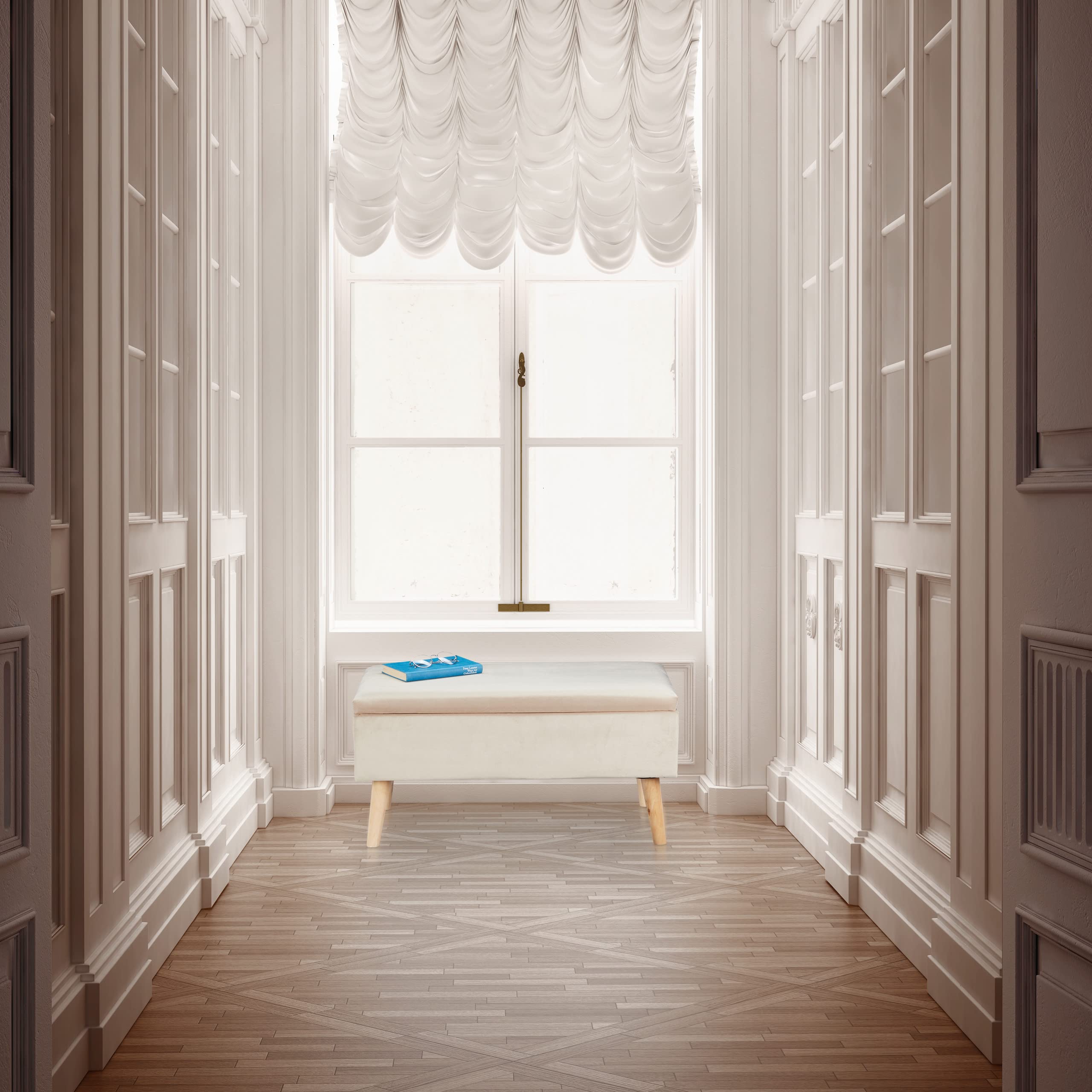 Relaxdays Panca Contenitore, 40x41x80 cm, 40L, Seduta Imbottita, Gambe in Legno, Pouf Cassapanca, 2 Posti Comodi, Crema