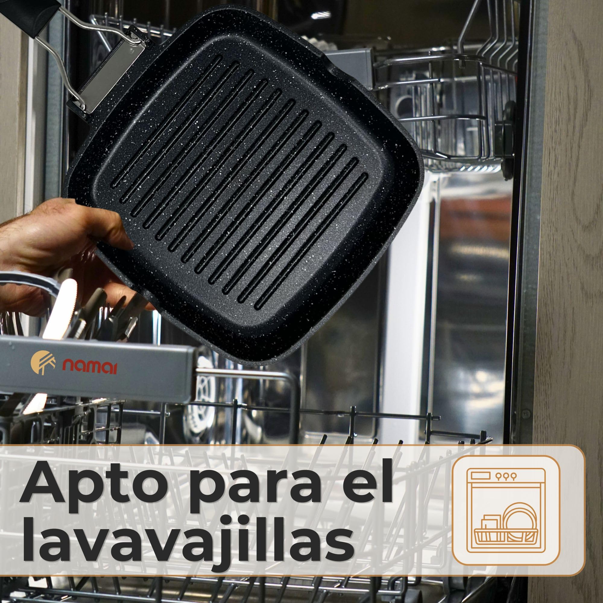 NAMAI - Sarten Grill Para Induccion 35 CM x 24 CM, Revestimiento Antiadherente, Aluminio Fundido a Presión, Apto Para el Lavavajillas, Asa Plegable que Ahorra Espacio (35 x 24 CM)