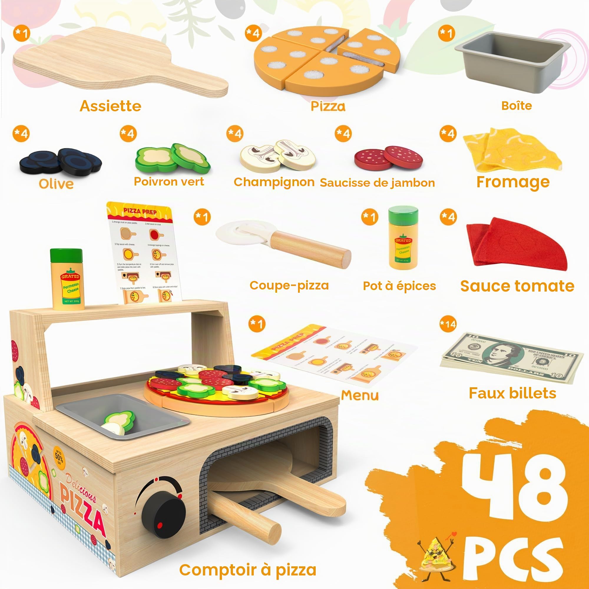 Jouet à pizza en bois 48 pcs Montessori faire semblant de jouer à la nourriture pour les enfants de 3 ans et + jouet d’apprentissage éducatif avec four de cuisson cadeau d’anniversaire de Noël pour