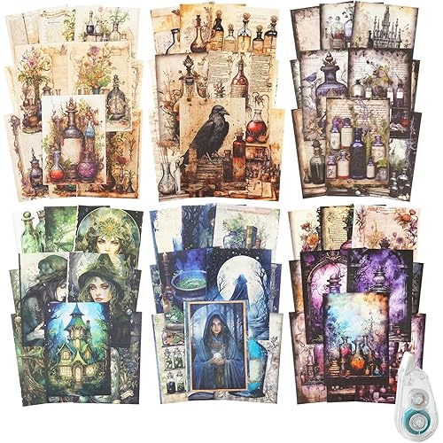 180Pcs Magic Potion Scrapbook Paper, Vintage Gothic Journal Ephemera Pack, Junk Journal Supplies for Scrapbooking Kit, with Glue Tape