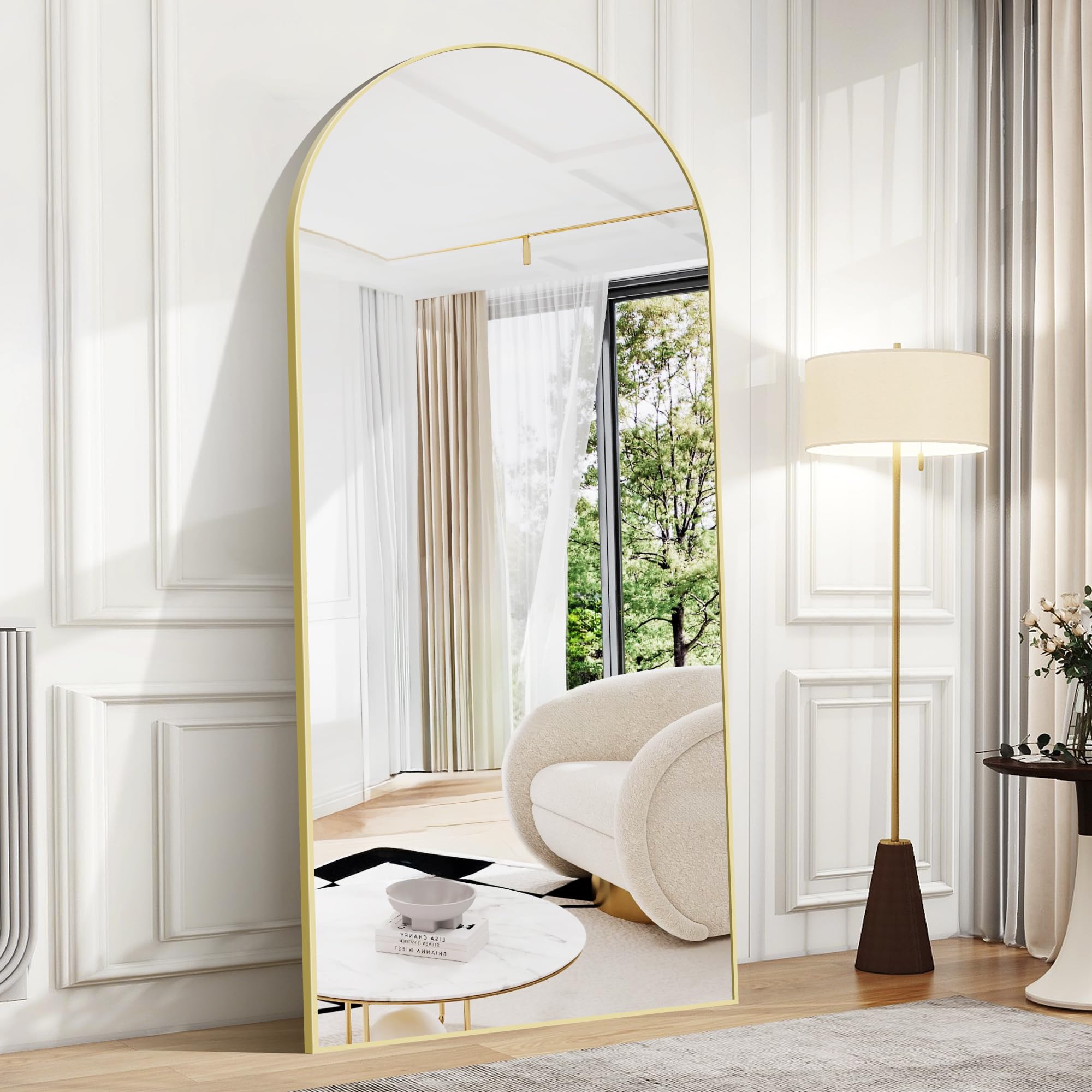 BONEWEI Arched Full Length Mirror, 192x85cm Full Body Free Standing Mirror Gold Aluminium Frame, Large Floor Mirror Standing Hanging or Leaning Against Wall for Bedroom Entry, Living Room