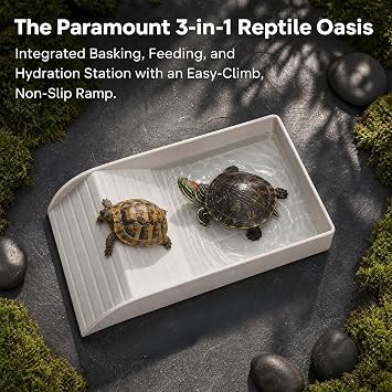 Tortoise Water Dish with Ramp and Basking,Reptile Water Bowl,Tortoise Bath Dish Plastic Reptile Bowl Fit for Amphibians (White)