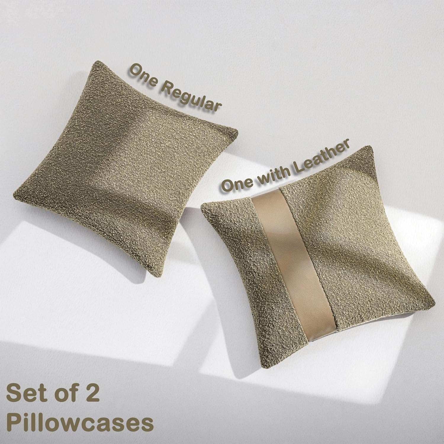 18"x18" Moss Green Boucle Throw Pillow Covers with Faux Leather Accents Set of 2 Fluffy Textured Decorative Pillow Cases for Couch Bed Boho Farmhouse Neutral Cushion Covers for Nordic Home - Image 6