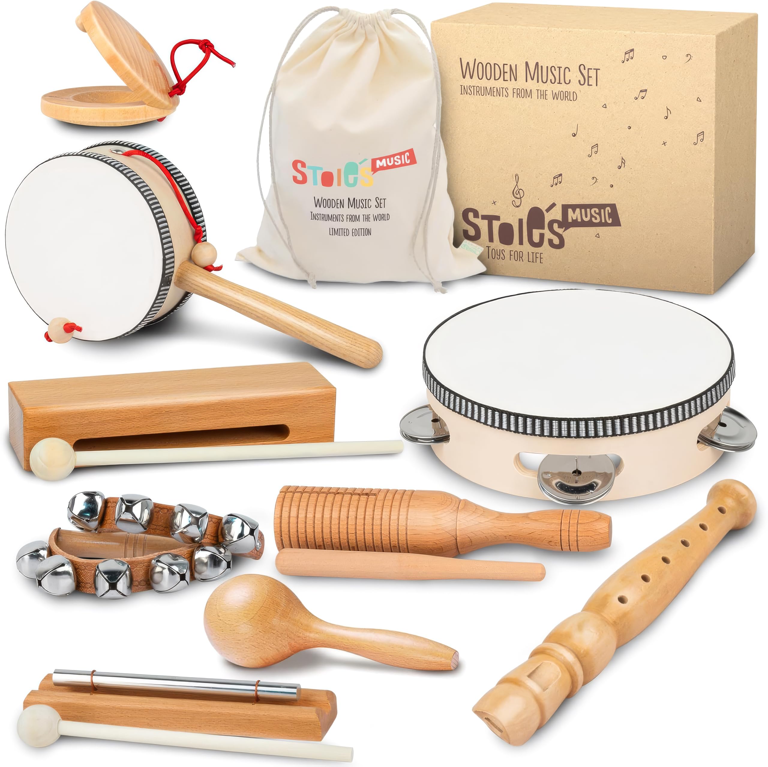 Stoie's Wooden Kids Musical Instruments for 1-9 years old, with Drum, Hand Bells, Flute, Maracas, Castanet, Tambourine, for Babies and Toddlers, Durable, Safe, Montessori Educational Toy, Storage Bag
