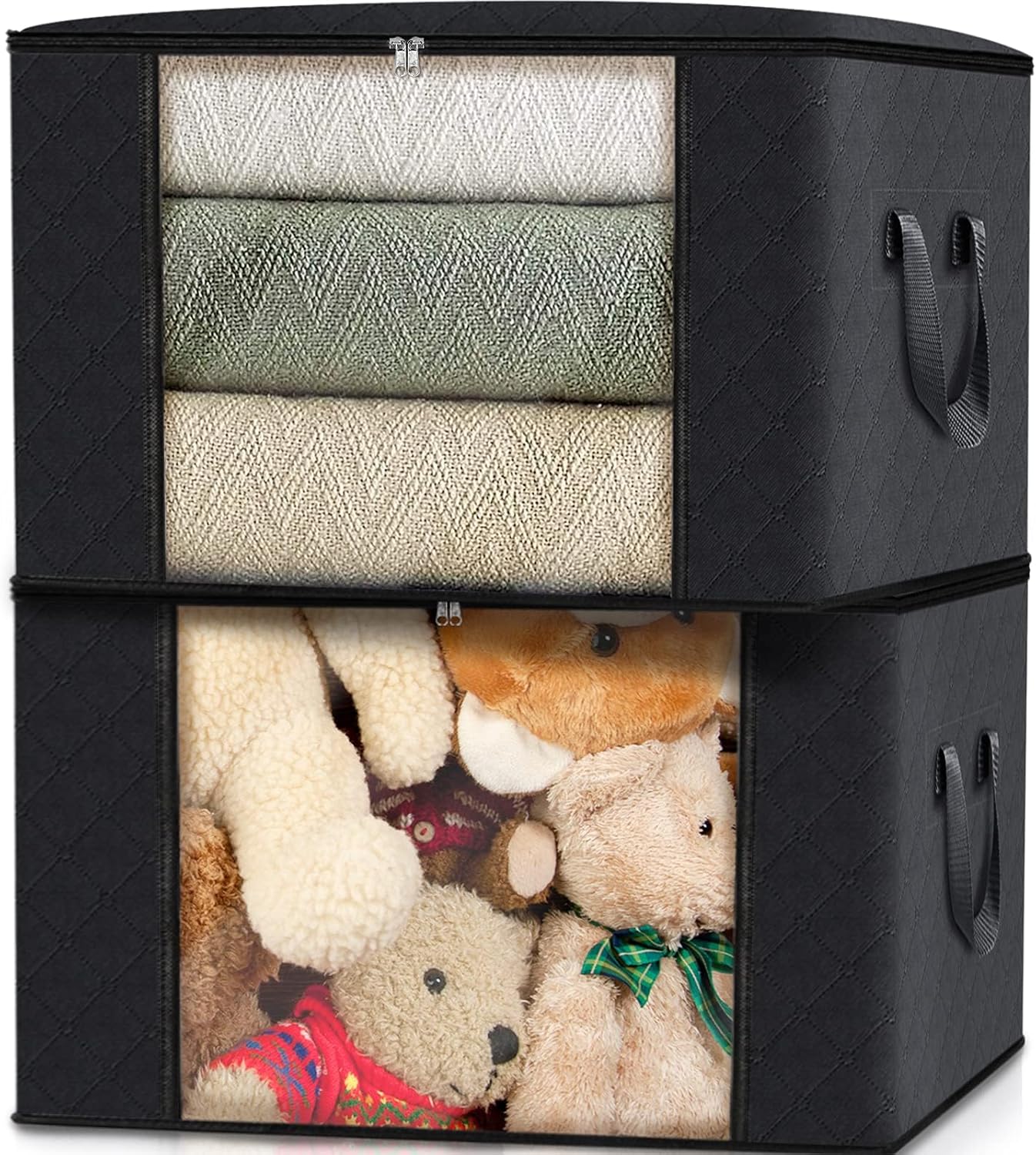 Fab totes 2 Pack Clothes Storage, Foldable Blanket Storage Bags, Storage Containers for Organizing Bedroom, Closet, Clothing, Comforter, Organization and Storage with Lids and Handle, Black