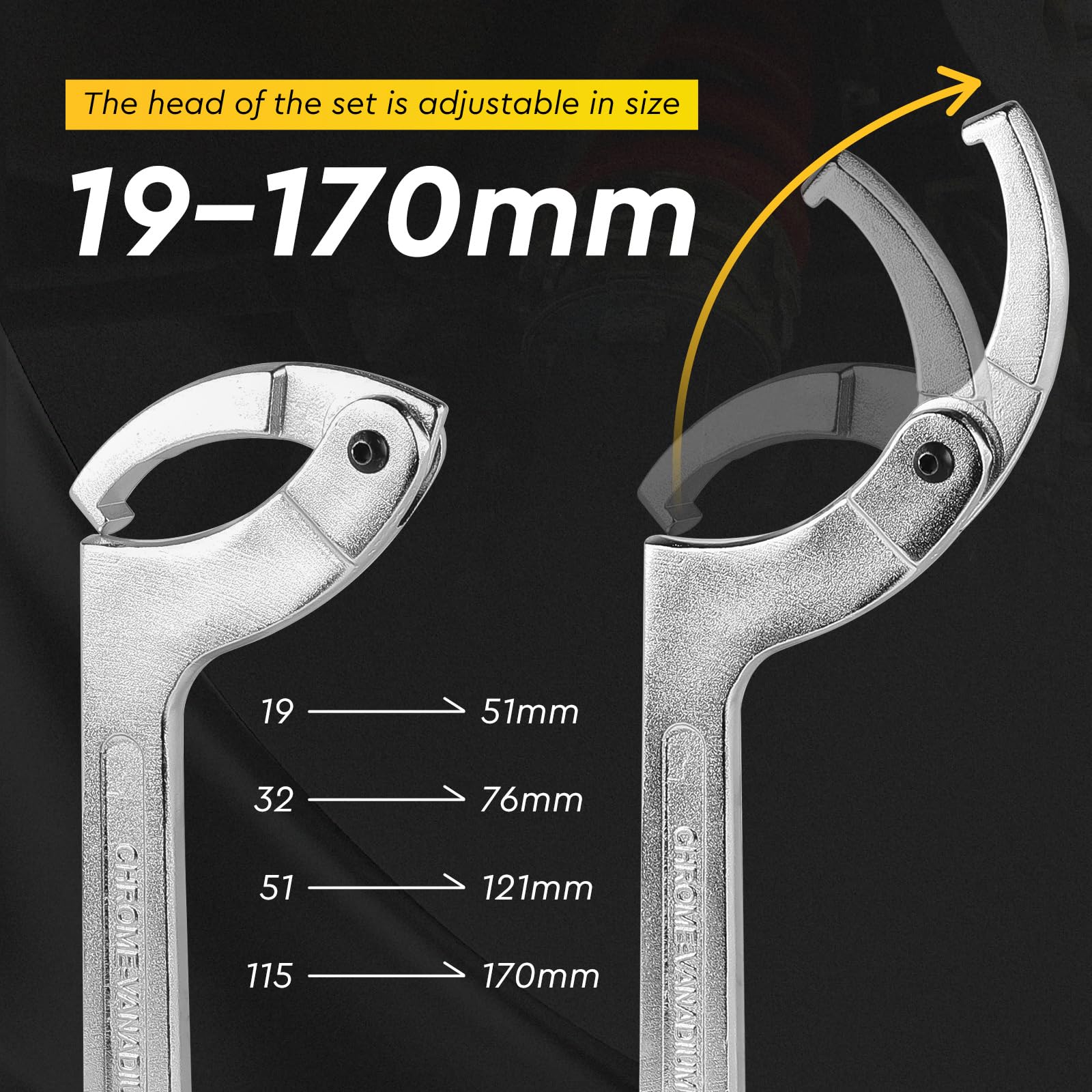 SWAWIS Confezione da 4 Testa Quadrata C Chiave a Gancio Regolabile 19-170mm, Acciaio al Cromo Vanadio, per Ammortizzatori di Motociclette Contatori dell'Acqua Attrezzature Meccaniche