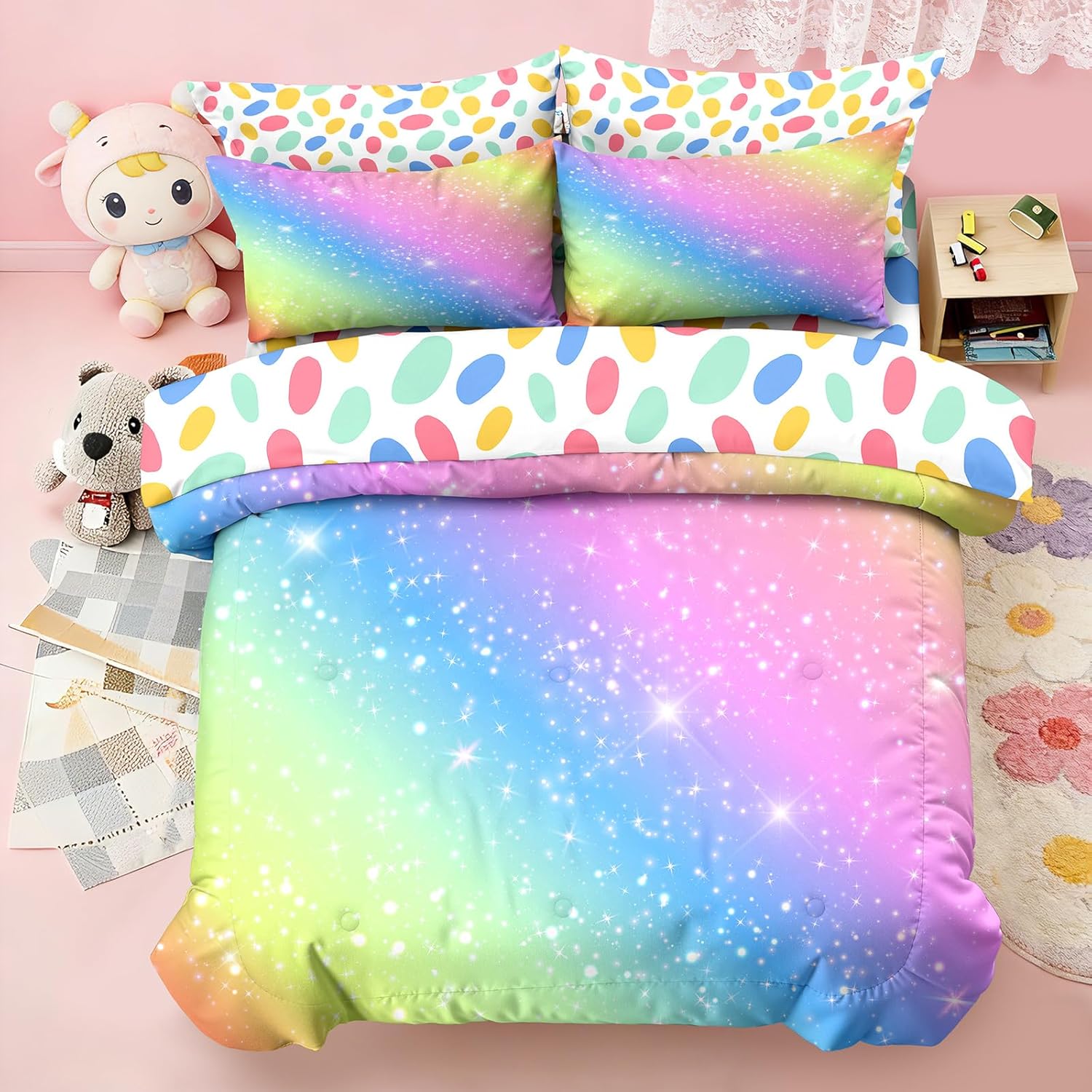 5 Pieces Rainbow Glitter Comforter Set Queen Size, Girls Colorful Bedding Set,Rainbow Comforter for Girl,Galaxy Quilted Duvet(Color Q)