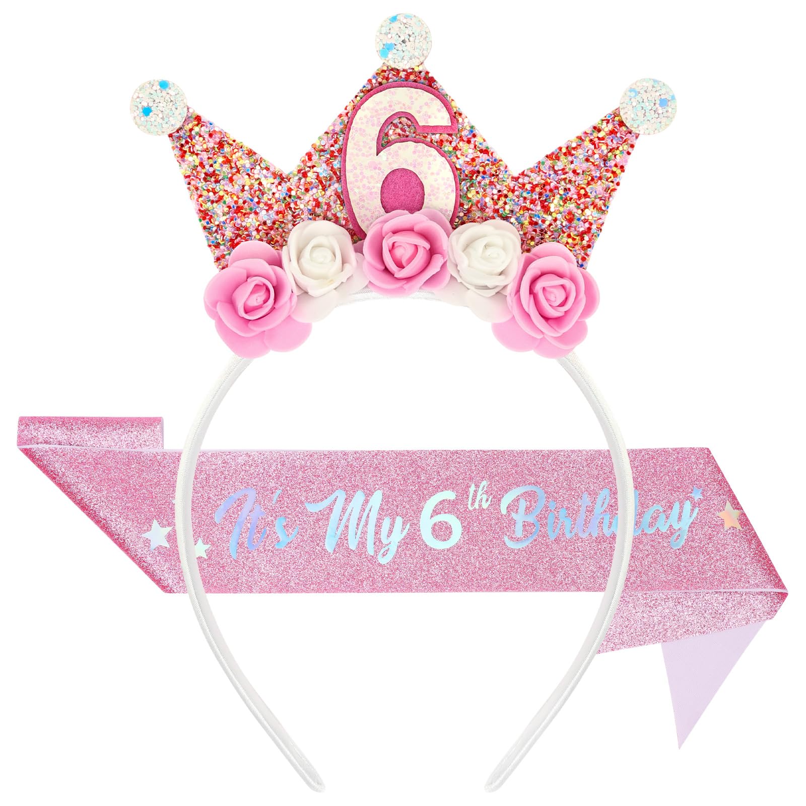 Alaoo 6th Birthday Girl Crown Headband, Princess Crown Flower Tiara Headbands with Shawl, Birthday Glitter Hair Band for Toddlers Girls Birthdays Party Supplies Decorations Gift