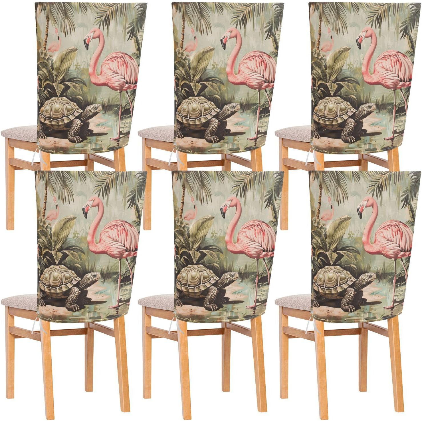 ALAZA Turtle and Flamingo Chair Back Cover Set of 6, Washable Reusable Removable Chair Slipcovers Decorative Chair Cover for Home Kitchen Wedding Party