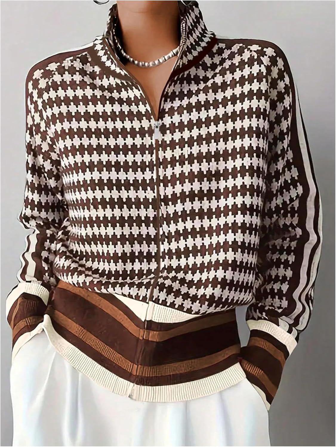 WDIRARA Women's Houndstooth Zip Up Cardigan Sweaters Long Sleeve Knit Cardigans Jacket - Image 2