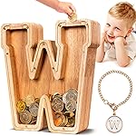 SummiDate Wooden Letter Piggy Bank for Kids| Piggy Bank for Boys Girls Toddler| Alphabet W Money Bank| Personalized Initial Wood Coin Bank Birthday for Kids (W)