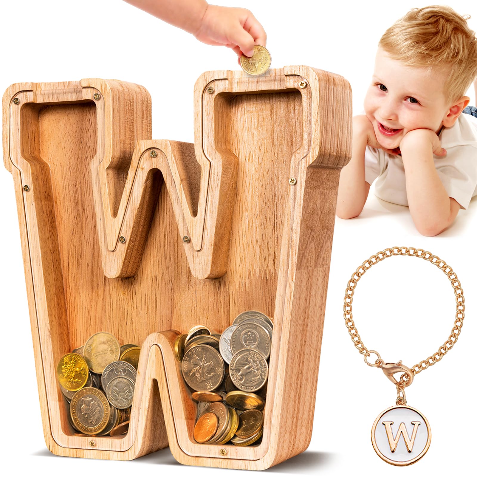 Summidate Salvadanaio con lettera in legno per bambini, A-Z lettera banca dei soldi personalizzato per bambini e bambine | Regalo di compleanno con banca di monete per bambini