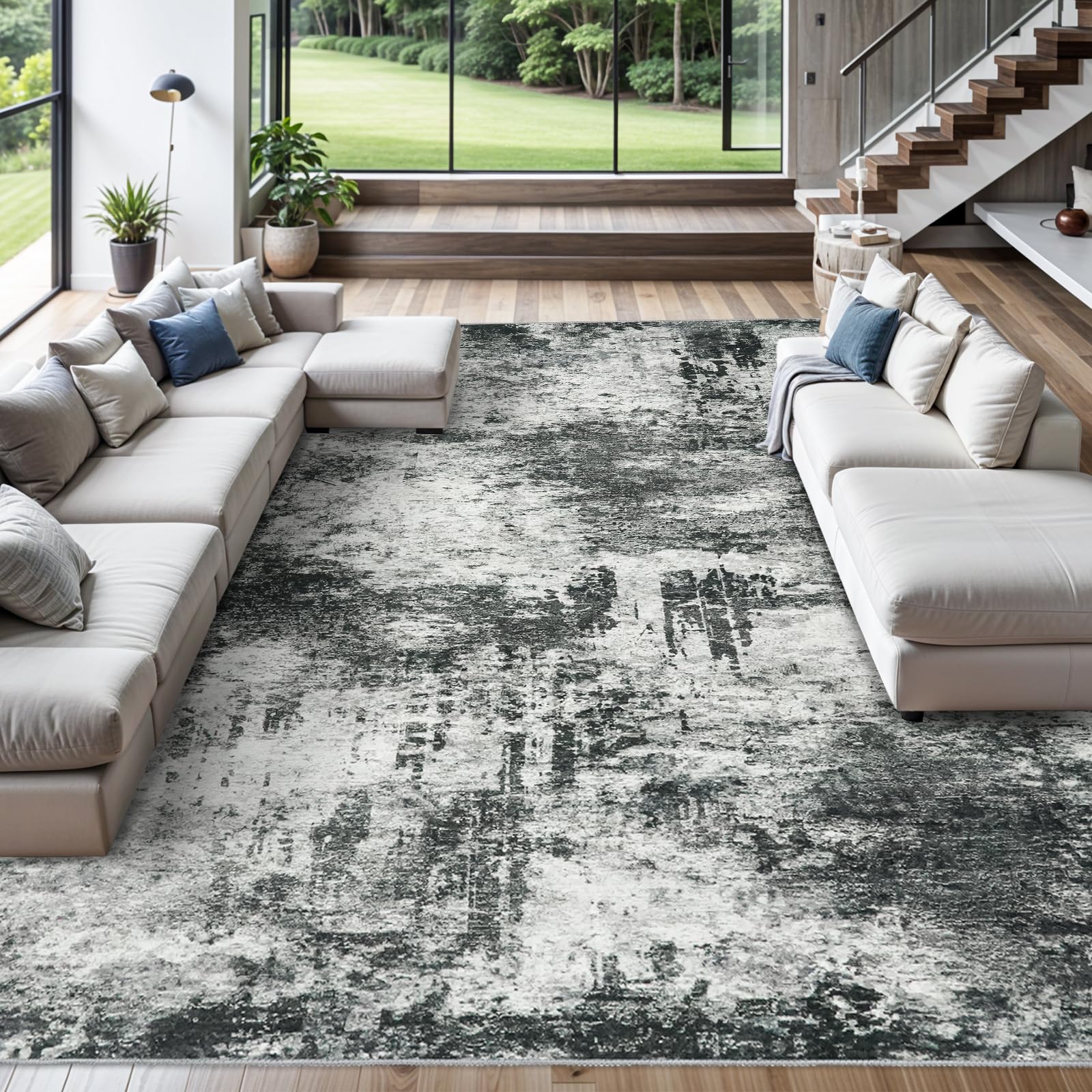 RUUGME 10X14 Abstract Area Rug:Large Washable Living Room Rug Indoor Non Slip Low Pile Carpet for Bedroom Soft Foldable Stain Resistant Distressed Thin Rug for Dining Room Kitchen 10X14 Black A