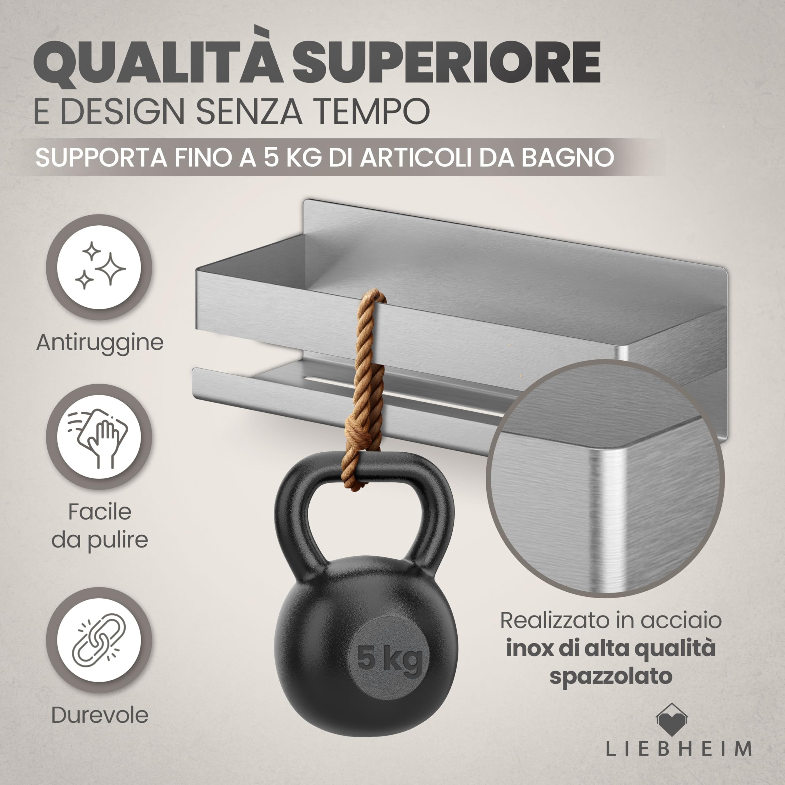 LIEBHEIM mensola per doccia cestino per bagno senza forare - tenuta super forte grazie al nastro adesivo di montaggio - acciaio inox S304 - solido (acciaio inox spazzolato)