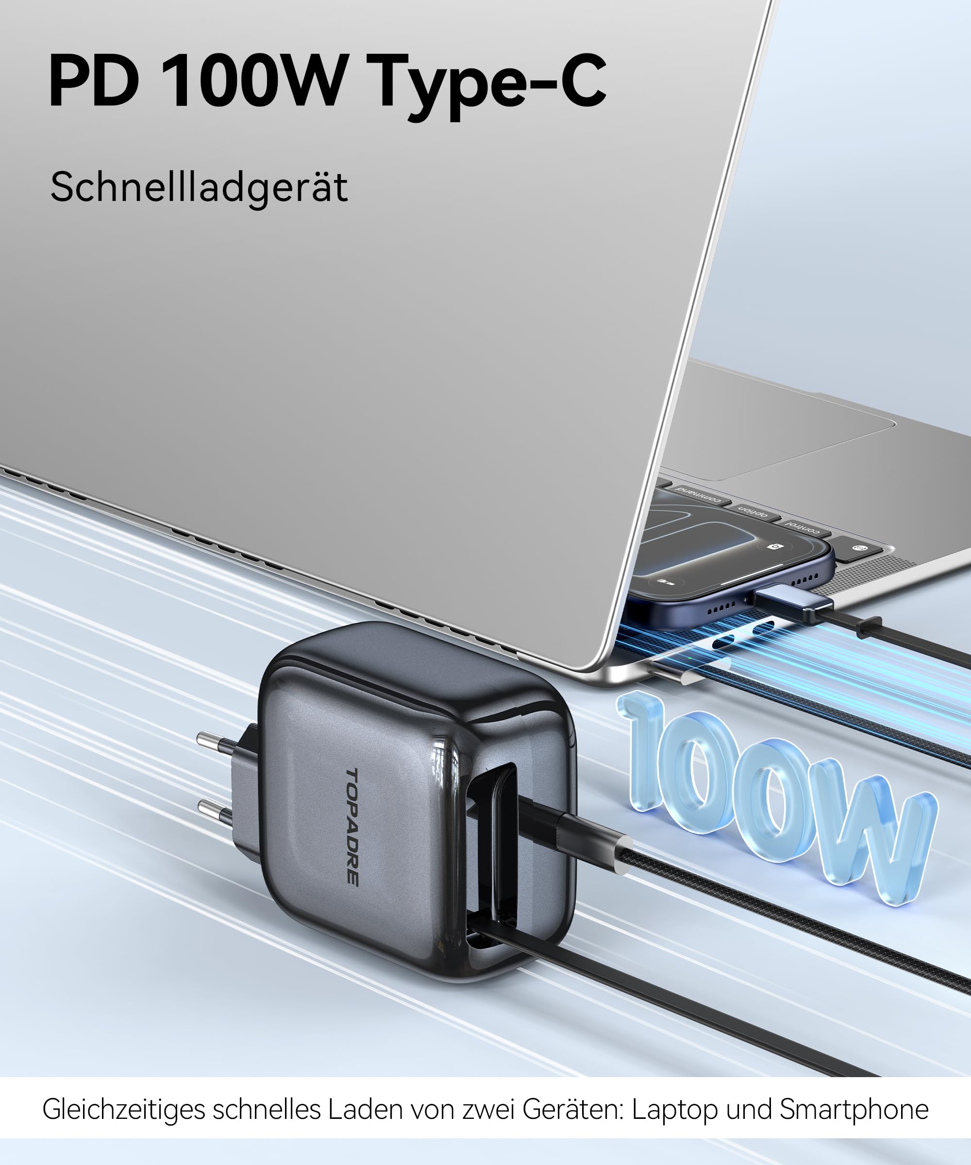 TOPADRE 100W USB C Schnellladegerät mit 1M Einziehbarem Kabel für MacBook