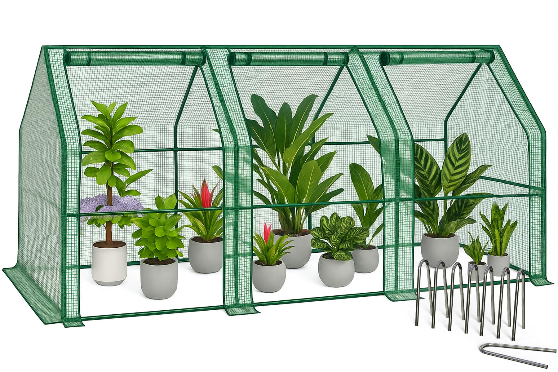 VOUNOT® Mini Greenhouse with 3 Roll-Up Zipper Windows, Plant Grow House Plant Tuneels Reinforced 135g/m² PE Cover for Seedlings, Flowers, Vegetables, 270x90x90cm, Green