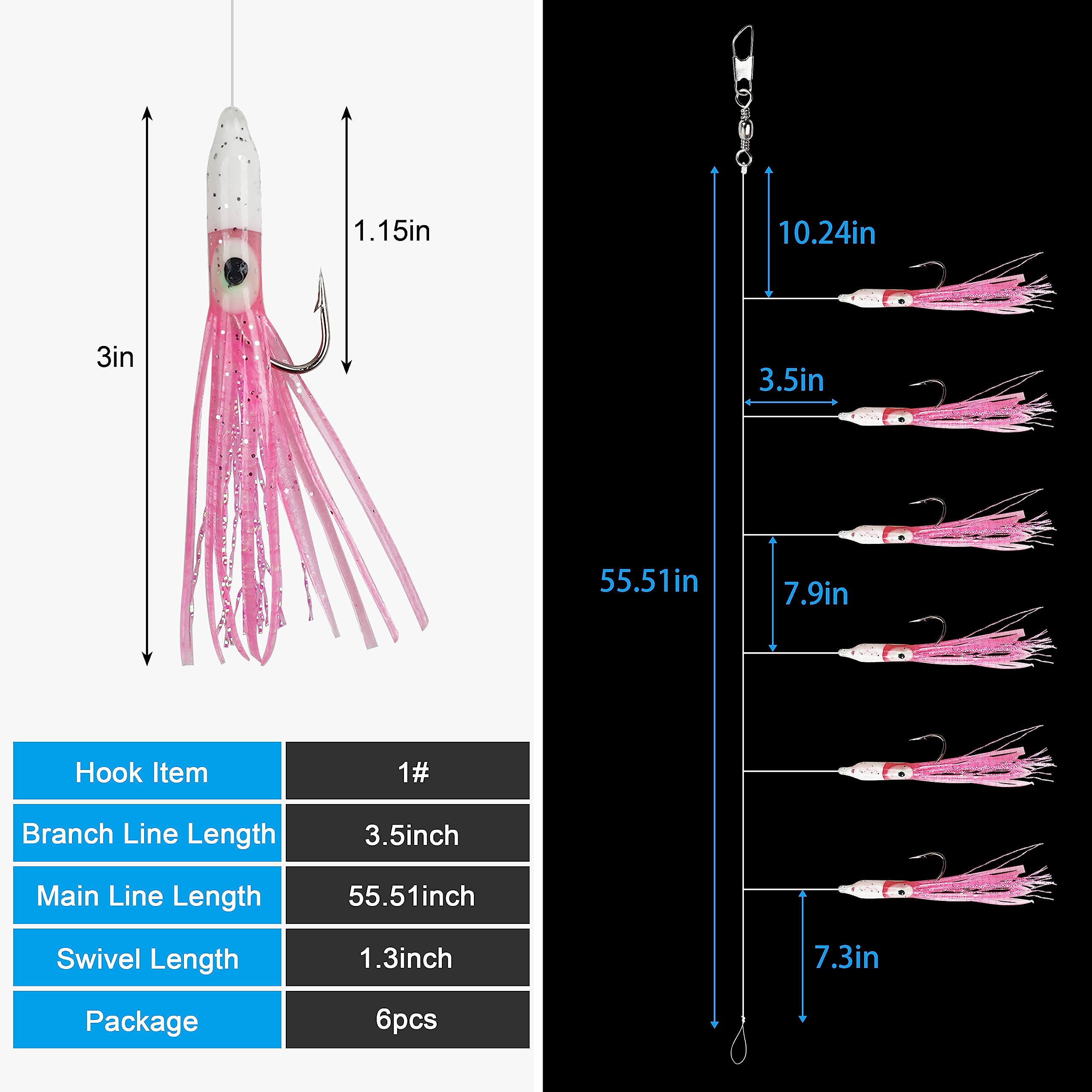 6 Tintenfisch-Köder-Rigs – Gemischte Farben, Weicher Kunststoff, Mit Wirbeln & Scharfen Haken