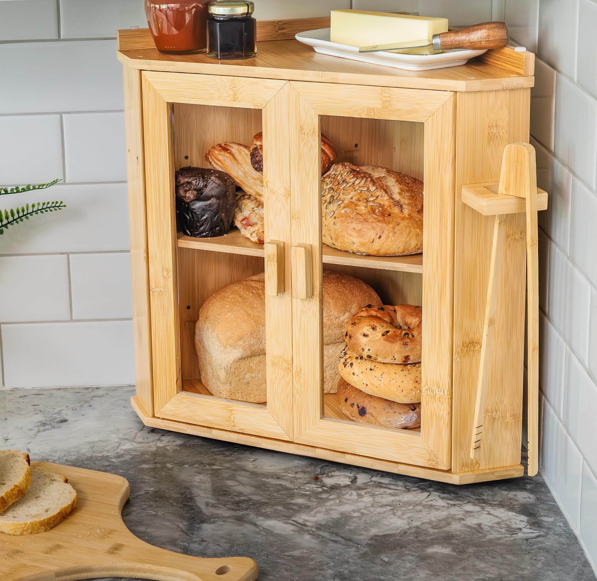 Corner Bread Box for Kitchen Countertop - Large Capacity Bread Holder for Kitchen Counter with Extra Storage Space on Top - Farmhouse Two-Shelf Bread Storage Bin Cabinet with Tongs - Natural Bamboo