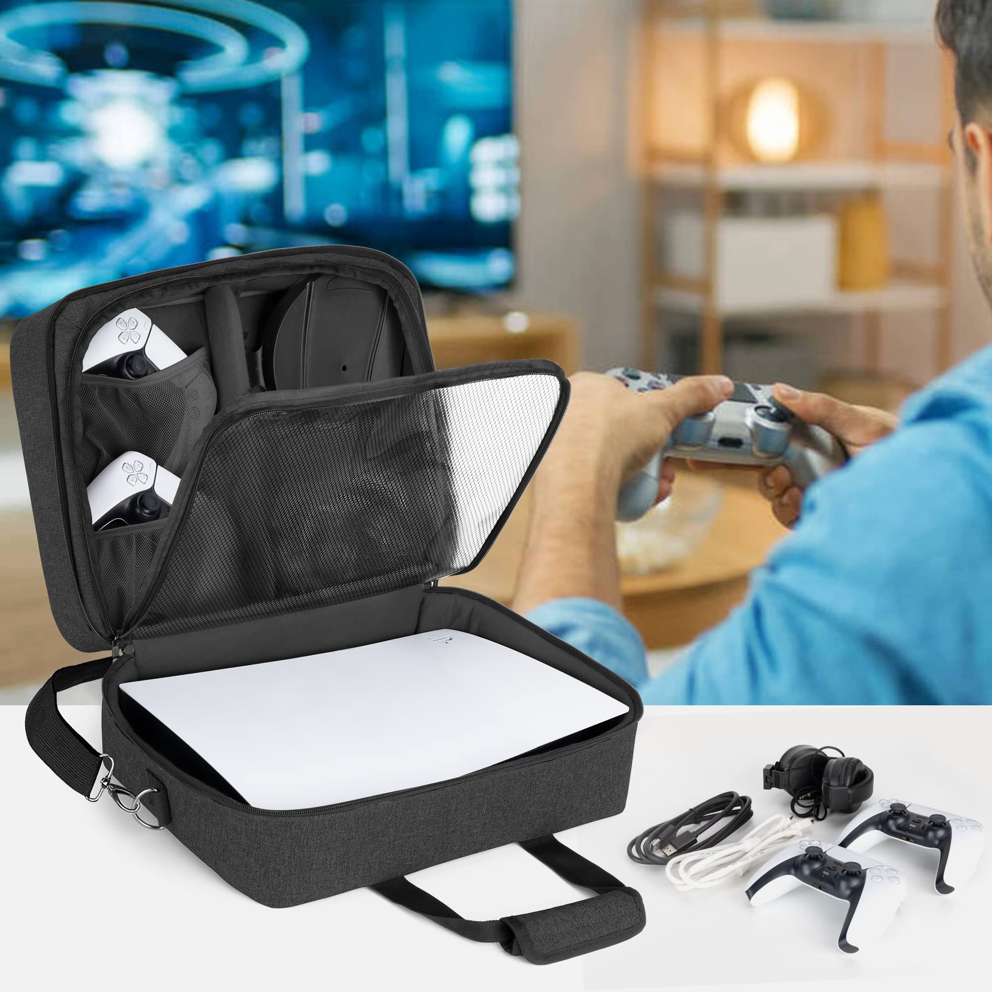 Trunab Borsa Compatibile con PS5/PS5 Slim/PS4/PS4 Pro/PS4 Slim/Xbox One/Xbox One X/Xbox One S/Xbox Series S, Nero, Borsa Porta con Tasche Divisori per Controller e Accessori di Gioco