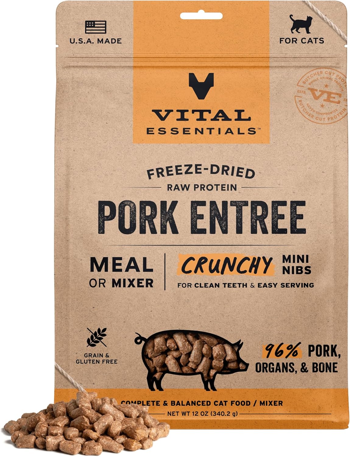 Vital Essentials 冷冻干燥的生猪肉粉或混合猫粮，12 盎司