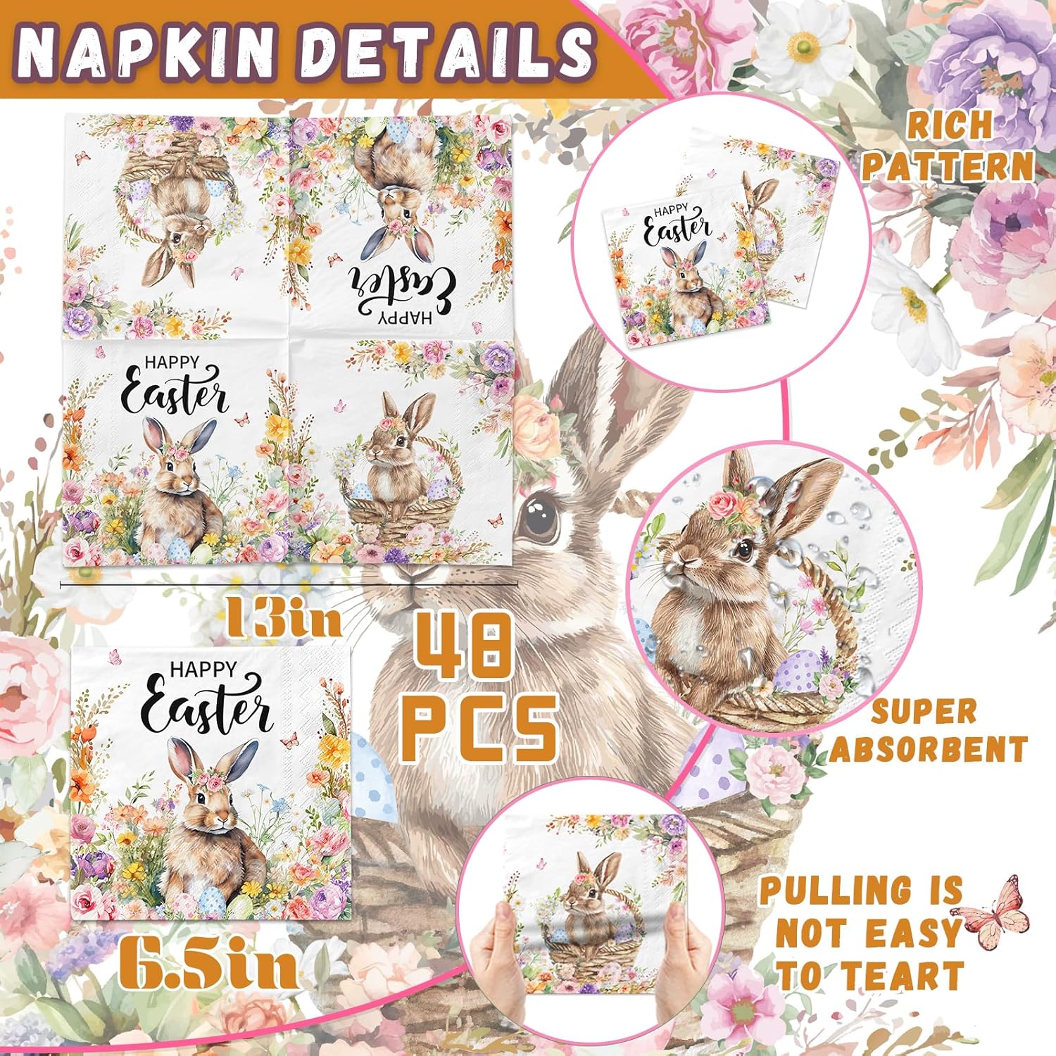 Easter Napkins,48pcs Easter Paper Napkins Disposable Easter Bunny Napkins Cute Rabbit Napkins for Spring Holiday Easter Party Decorations