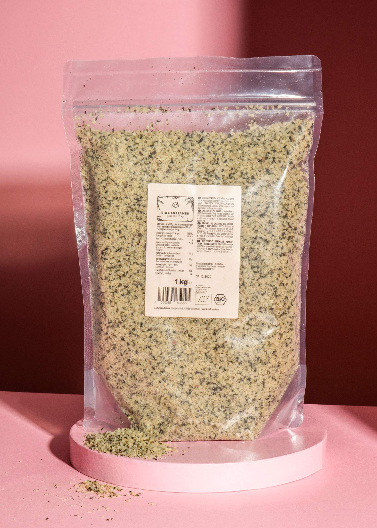 KoRo - Geschälte Bio Hanfsamen 1 kg - Hoher Proteingehalt - Rein pflanzlich - Aus kontrolliert biologischem Anbau - Perfekt als Topping für Smoothies, Bowls und Salate